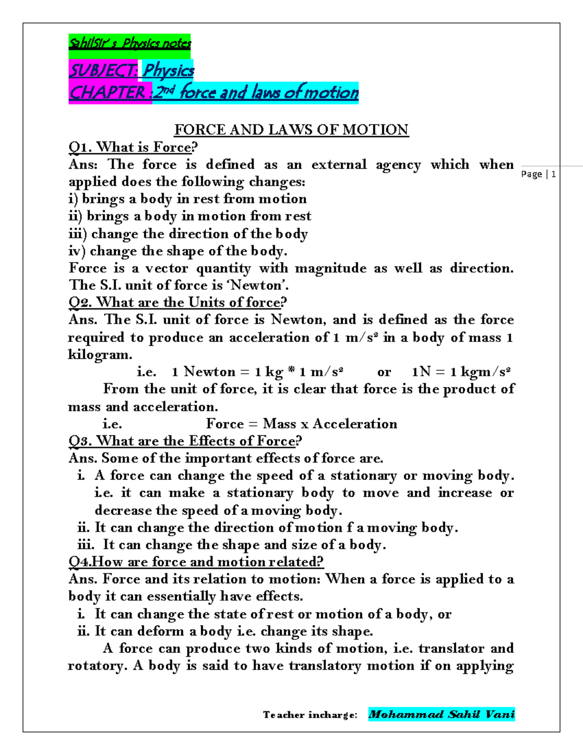 P9 - exam related materials - SUBJECT: Physics CHAPTER : 2 nd force and ...