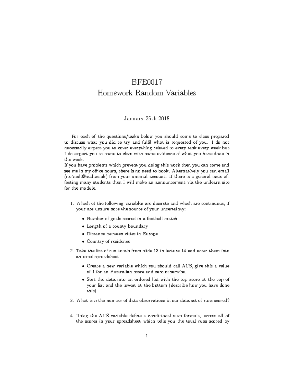 Week 13 Seminar Questions Random Variables - BFE0017 Homework Random ...
