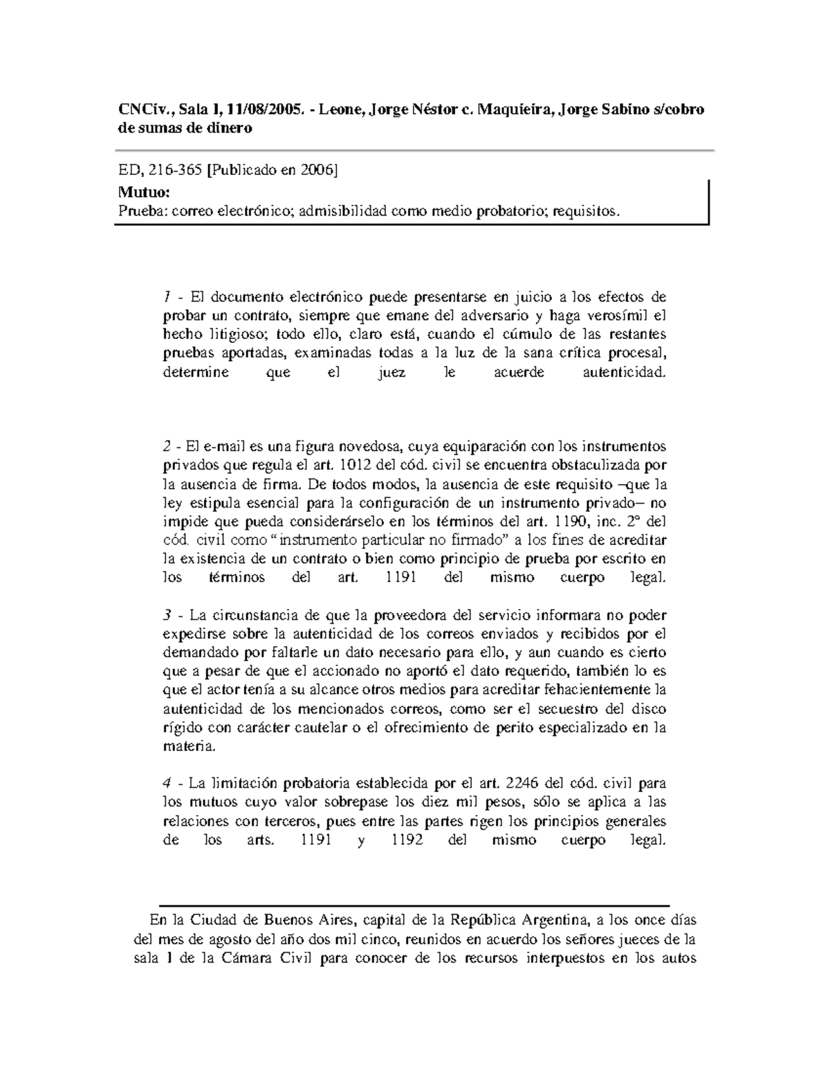 Leone, Jorge Nestor c Maquieira, Jorge Sabino scobro de sumas de dinero ...