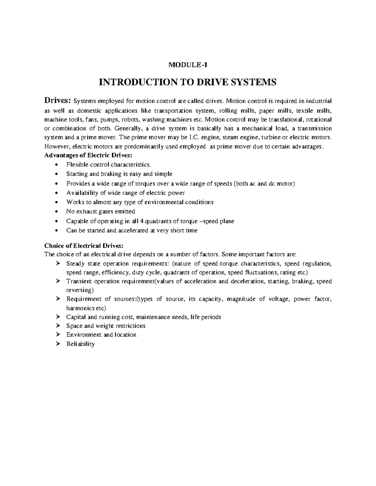Module 1-summary - MODULE- INTRODUCTION TO DRIVE SYSTEMS Drives ...