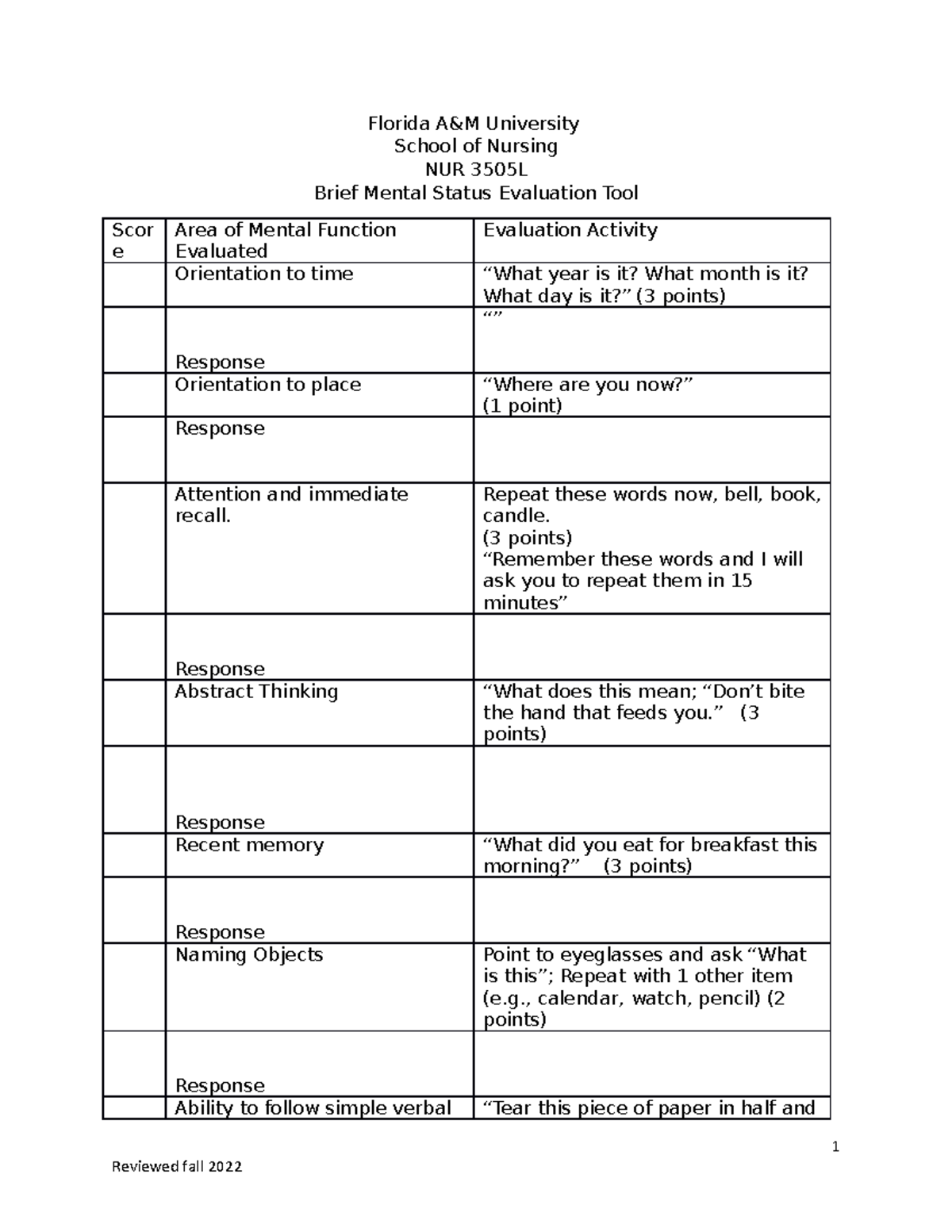 Brief MSE form nursing Florida A&M University School of Nursing NUR