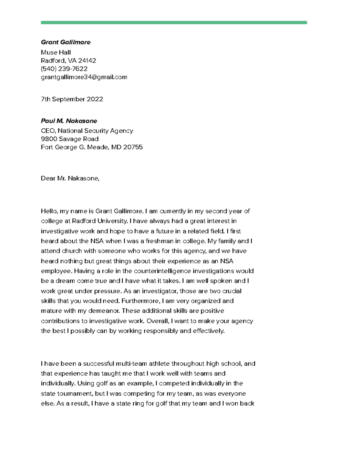 Cover Letter Final Grant Gallimore Muse Hall Radford, VA 24142 (540