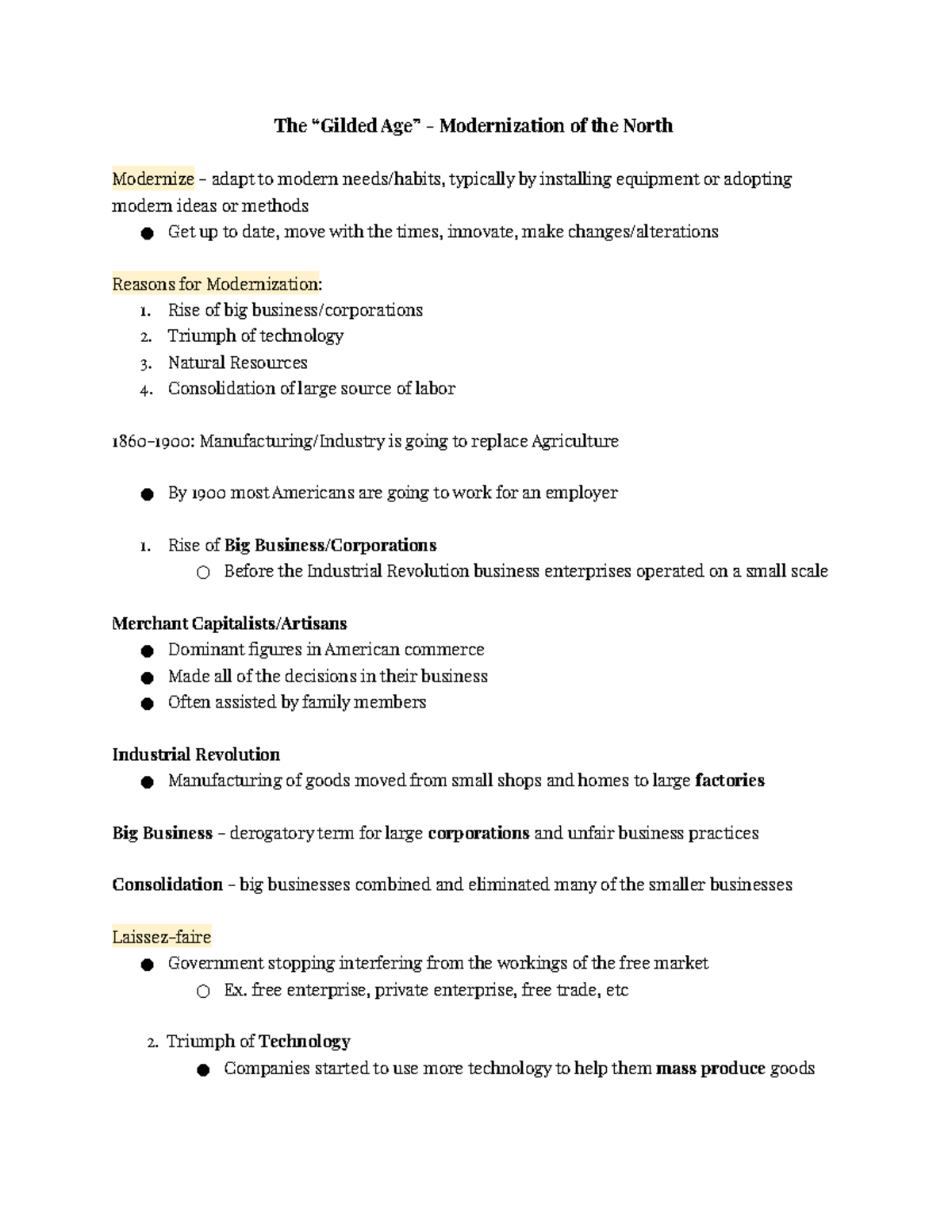 Lecture notes for quiz 1 The “Gilded Age” Modernization of the
