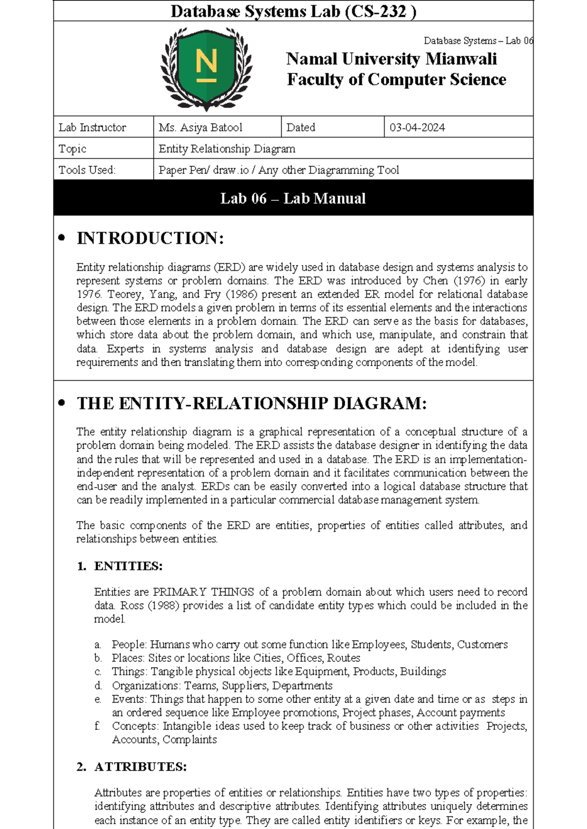 DB- Lab 6 - Entity Relationship Diagram - Database Systems – Lab 06 1 ...