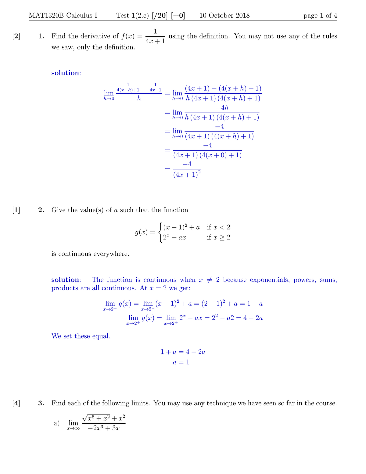 Test 1, questions and answers - MAT1320 - Calculus I - uOttawa - StuDocu