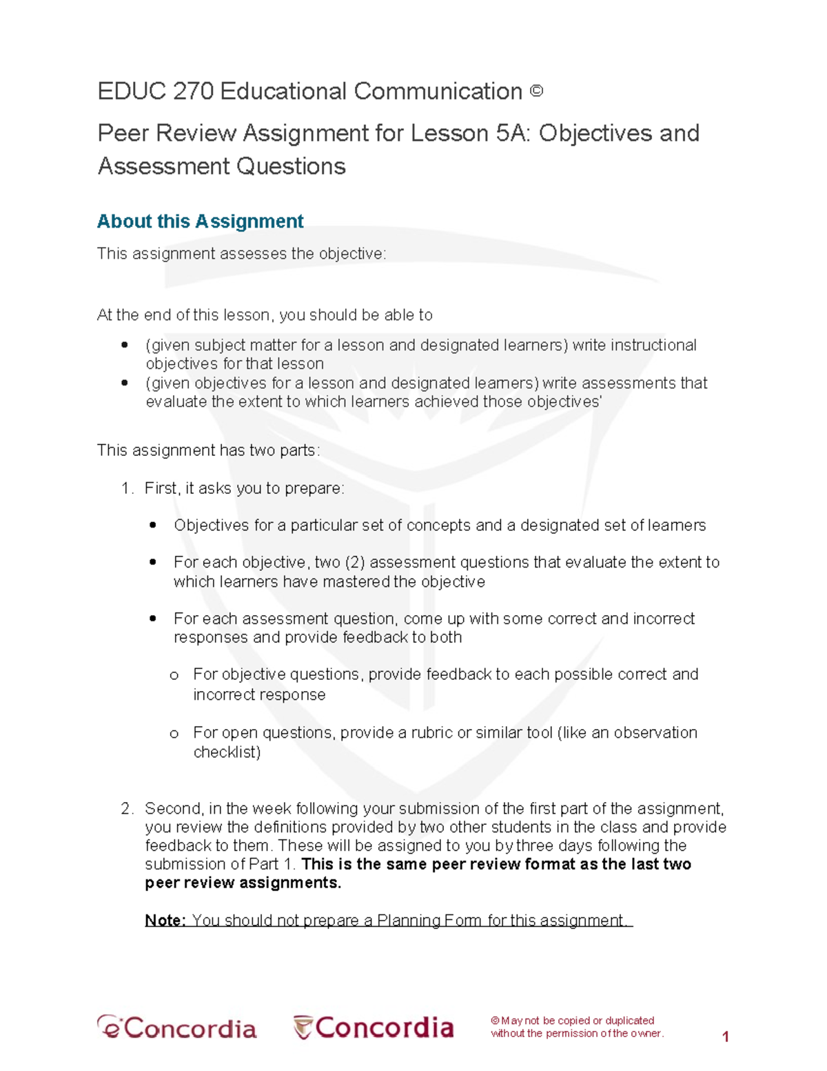 Objective and Assessments Assignment Instructions - © May not be copied ...