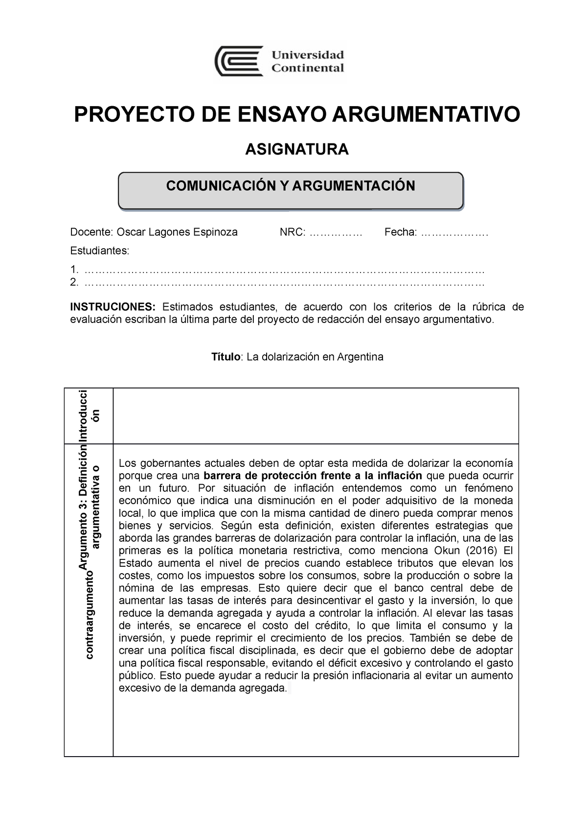 Formato Proyecto Ensayo 3 - Comunicacion Y Argumentación - Studocu