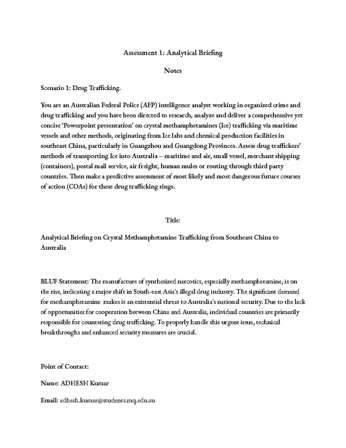 Assessment 1 Analytical Briefing - Assessment 1: Analytical Brieng ...