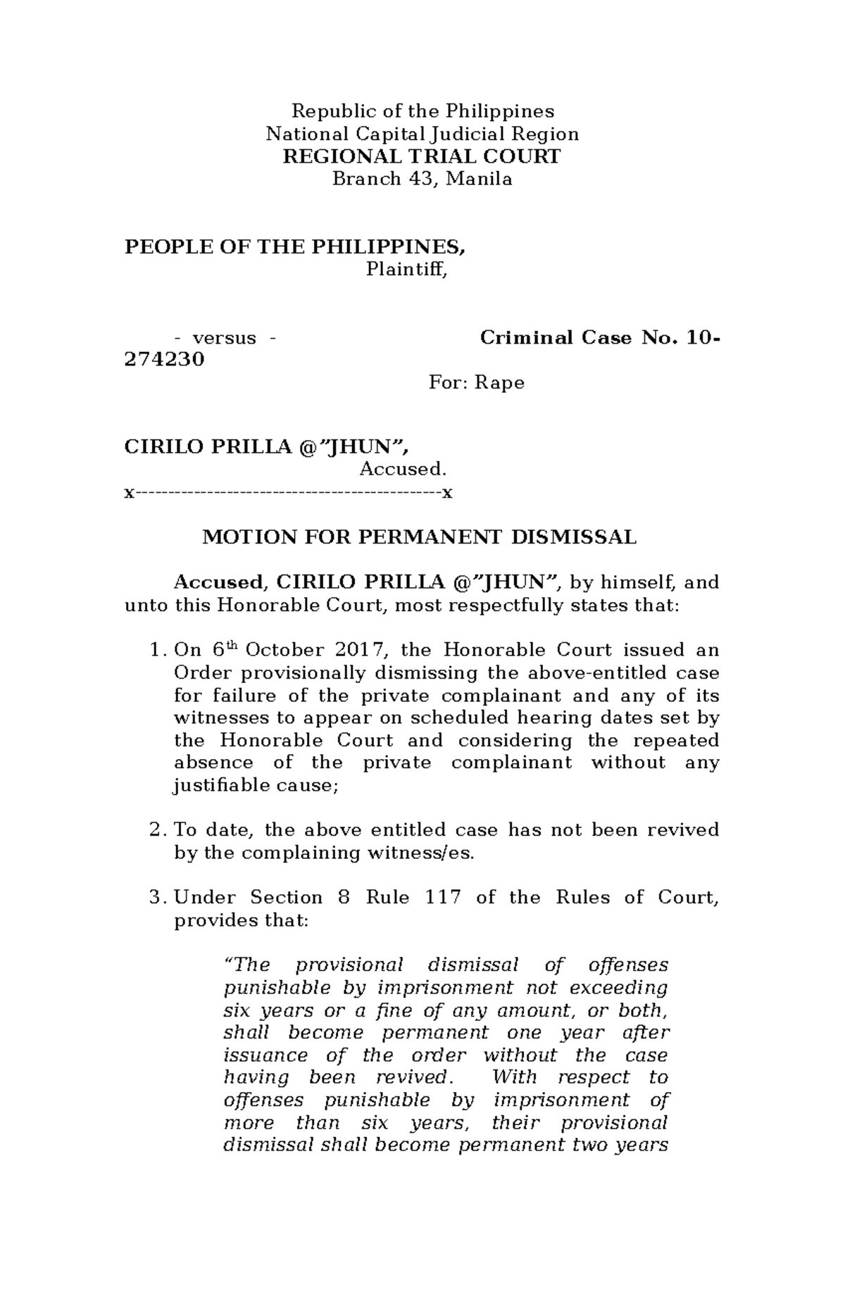 Motion For Permanent Dismissal Rape2019 1 Republic Of The Philippines