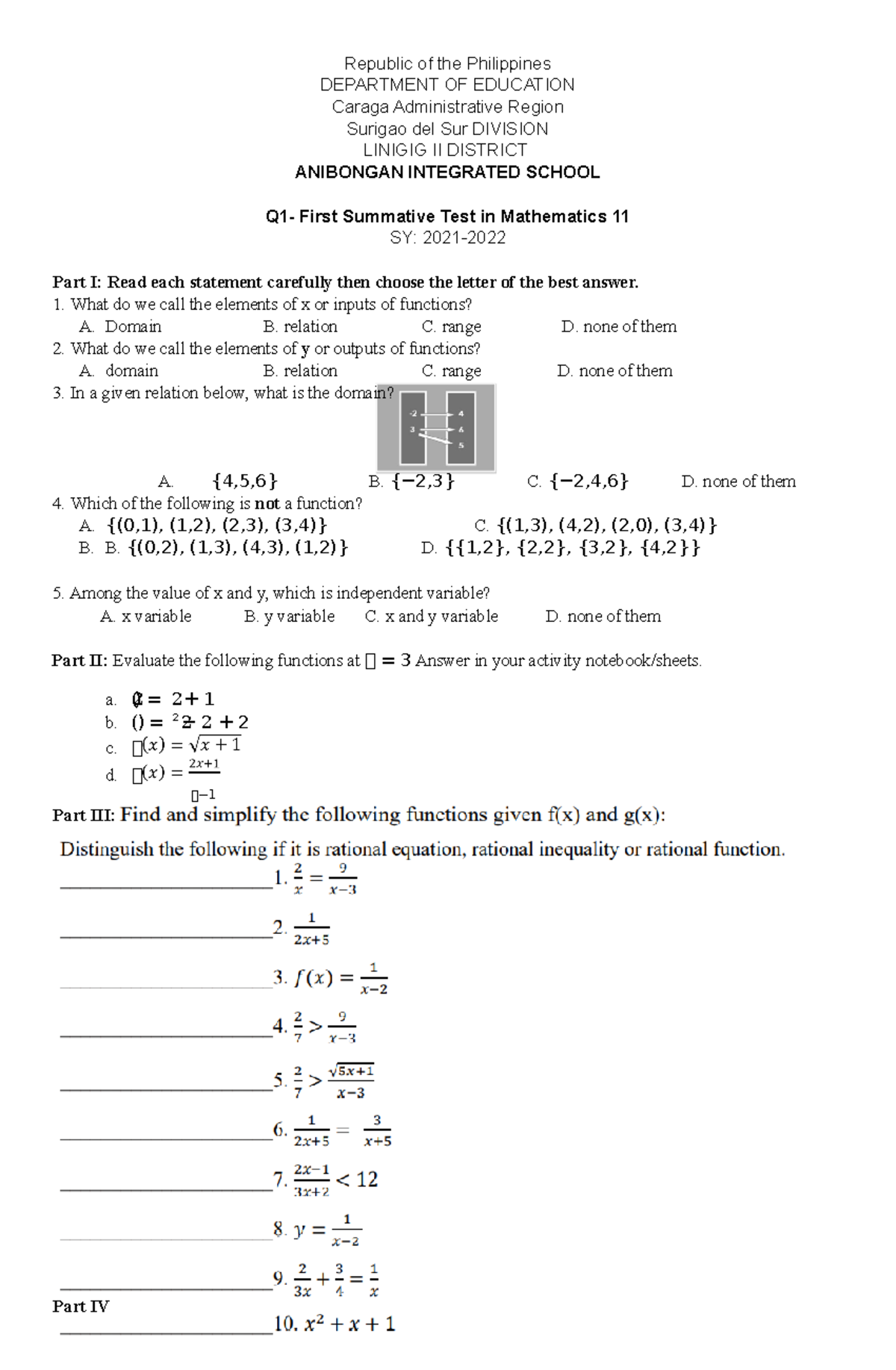 Summative Test GEN Math 11 - Republic of the Philippines DEPARTMENT OF ...