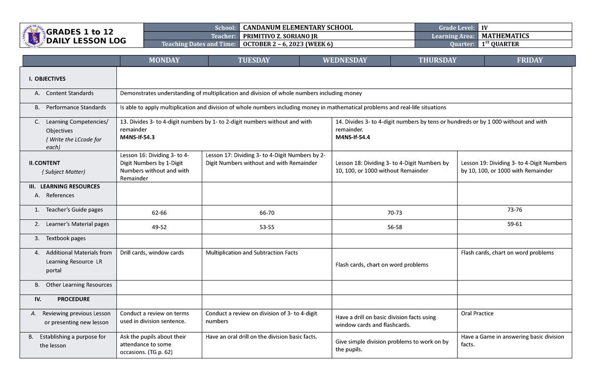 Dll Mathematics 4 Q1 W6 Dll Math 4 Grades 1 To 12 Daily Lesson Log School Candanum 0362