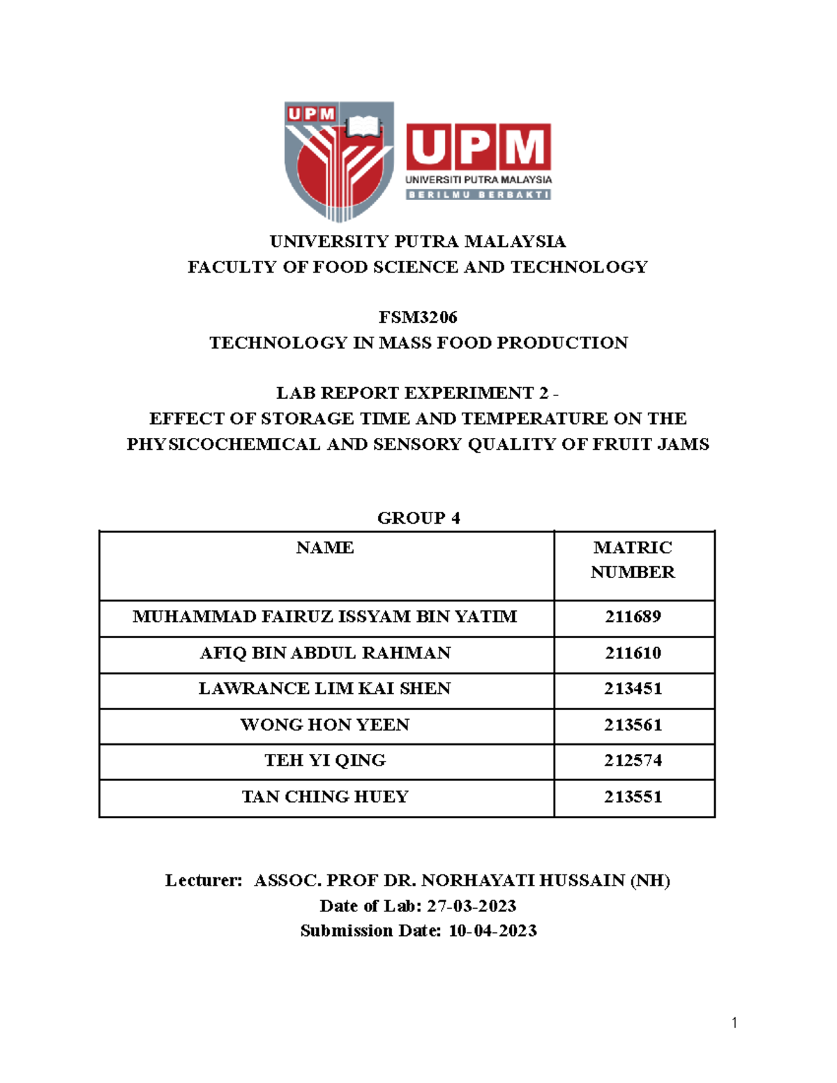 Fsm 3206 Experiment 2 Lab Report - University Putra Malaysia Faculty Of 