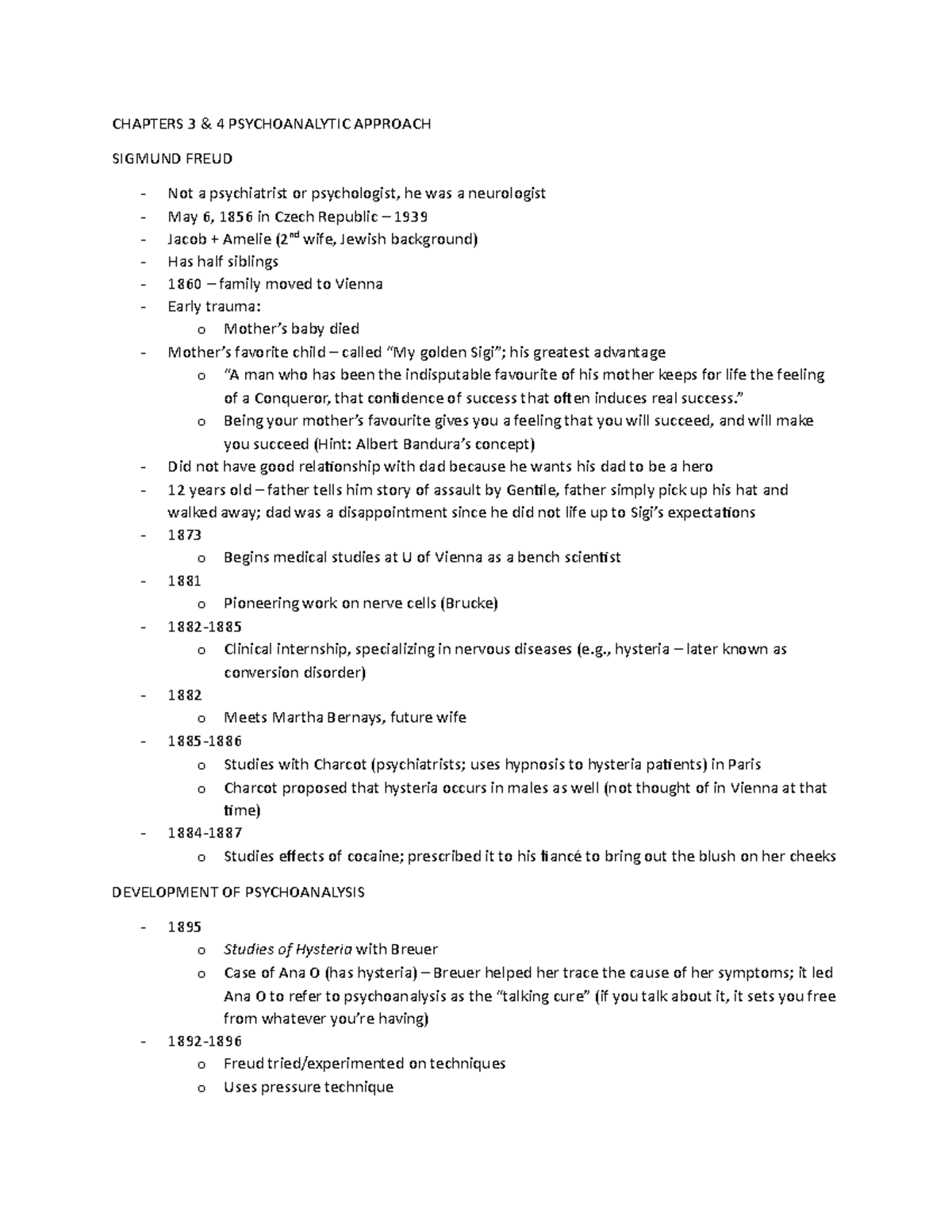 Chapter 3-4 - Lecture notes 3 - CHAPTERS 3 & 4 PSYCHOANALYTIC APPROACH ...
