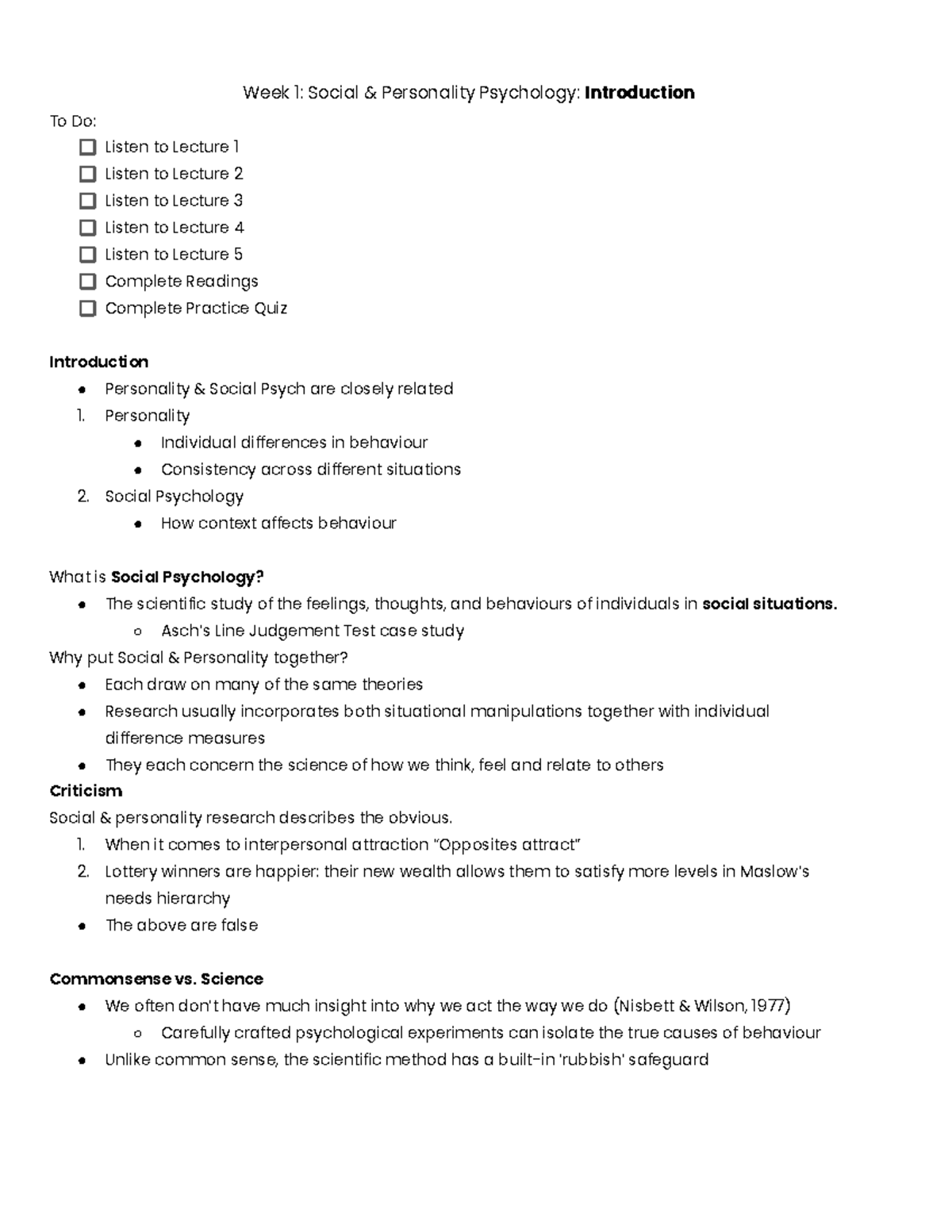 Lecture Notes PSYU2234 - Week 1: Social & Personality Psychology ...