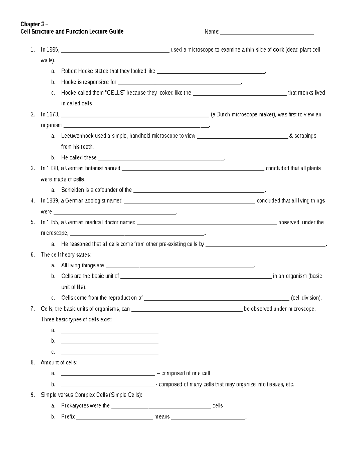 Cell structure and function lecture guide - revised - Chapter 3 – Cell ...