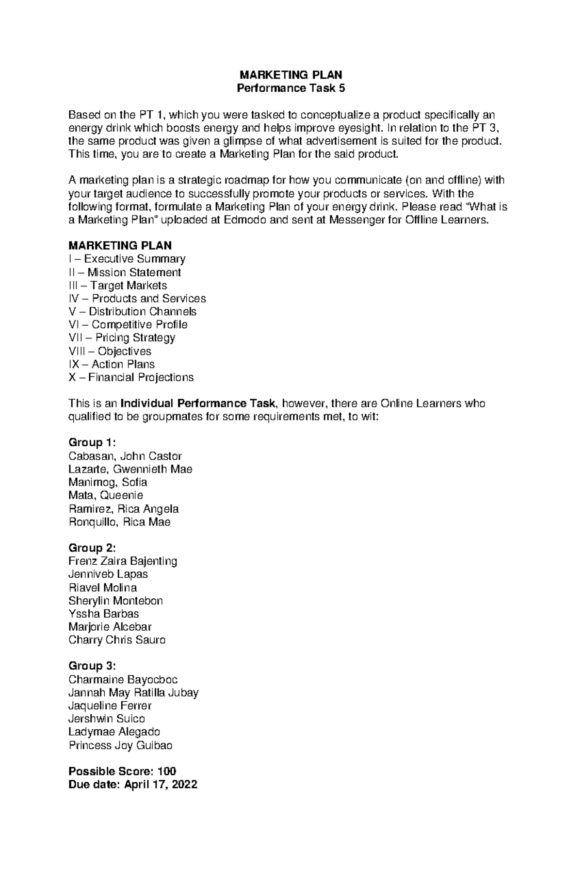 PT 5 Marketing Plan - gegegegegge - MARKETING PLAN Performance Task 5 ...
