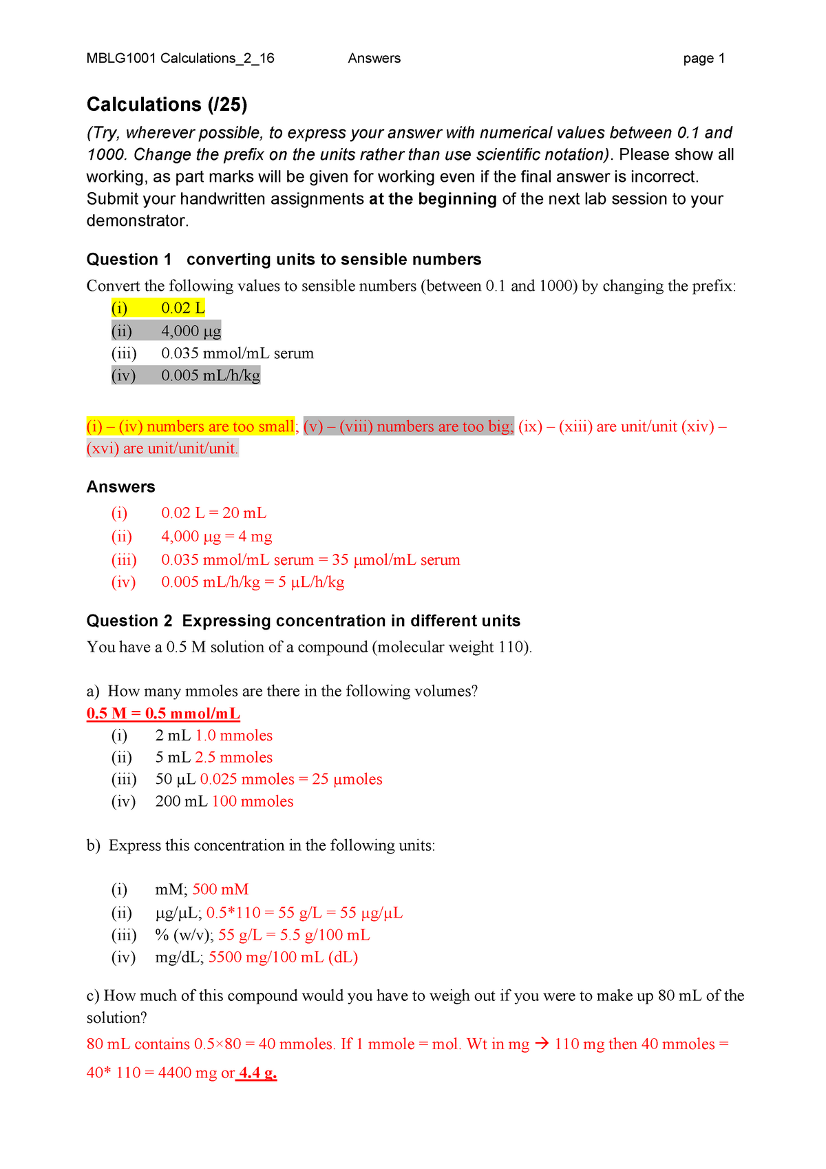 Seminar Assignments Mblg Solutions Calculations 2 Mblg1001 Studocu