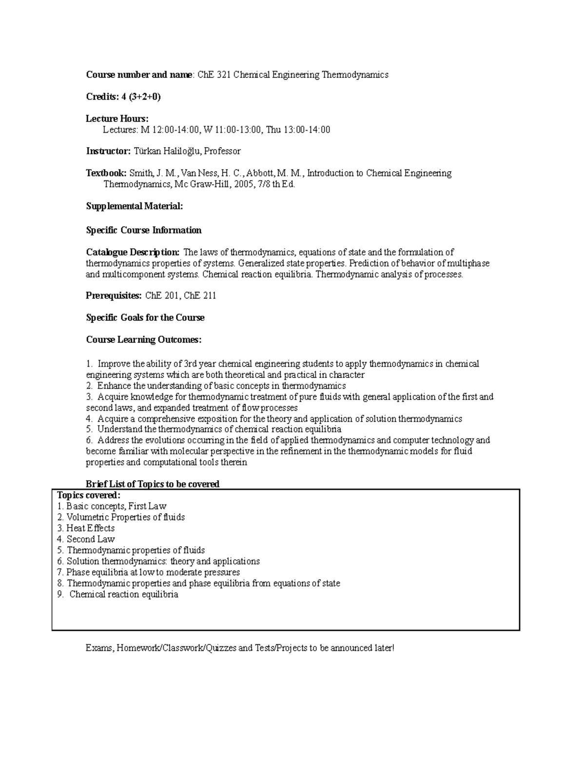 CHE 321 01 - Syllabus - Course number and name: ChE 321 Chemical ...