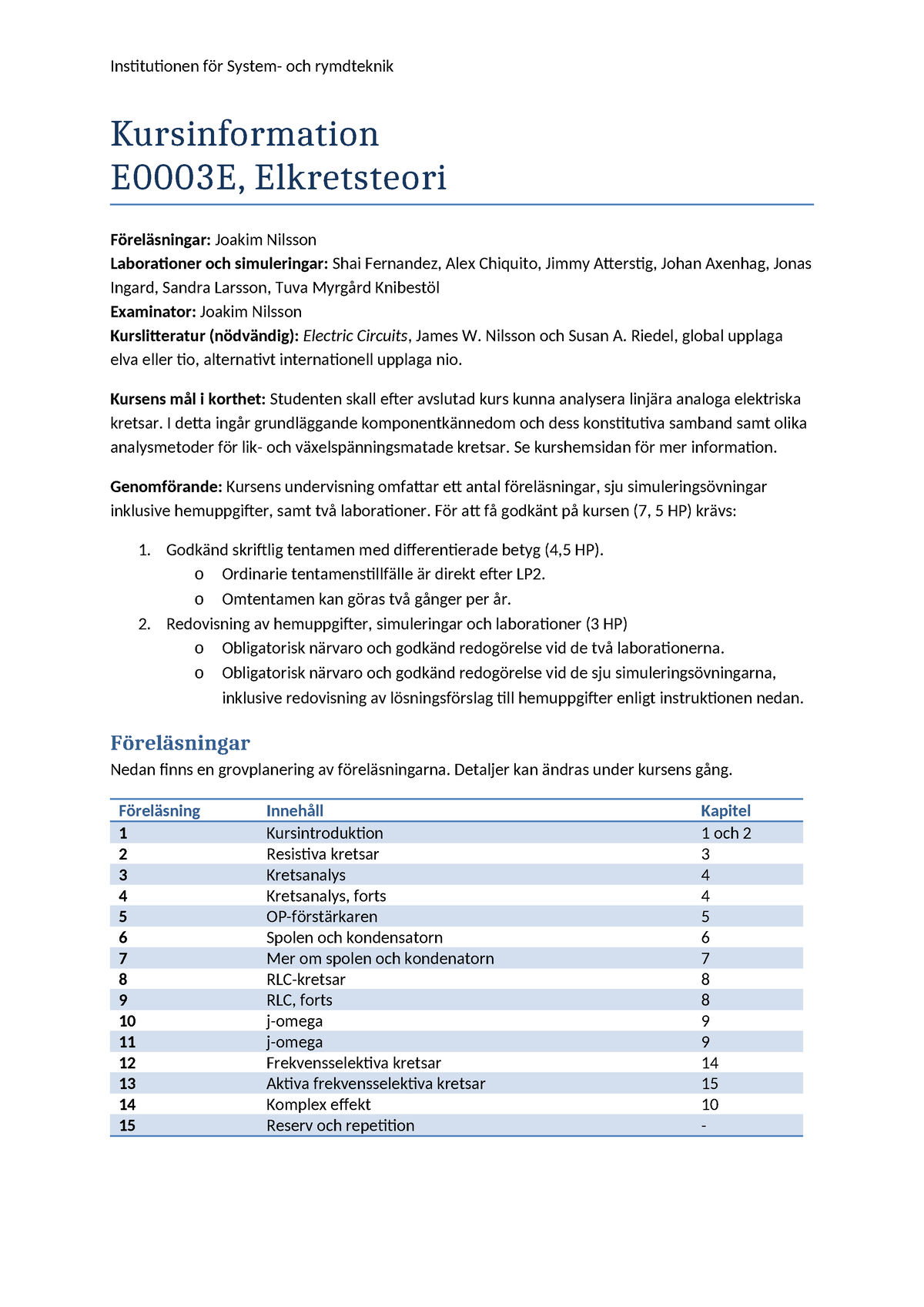 E0003e-kursinfo - Viktig Information Angående Kursens Innehåll ...