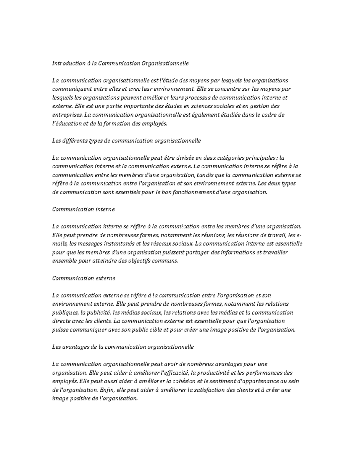 Organizational Communication note study - Introduction à la ...