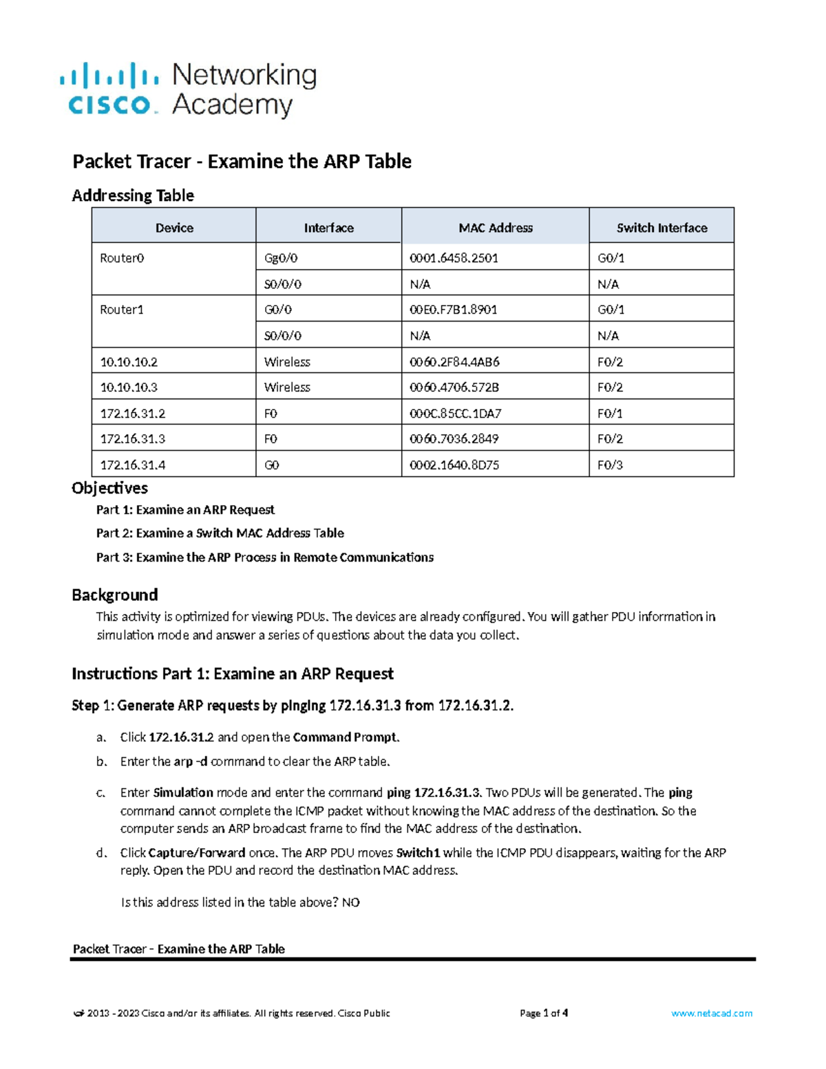 Lab+9 - Packet Tracer - Examine the ARP Table Addressing Table Device ...