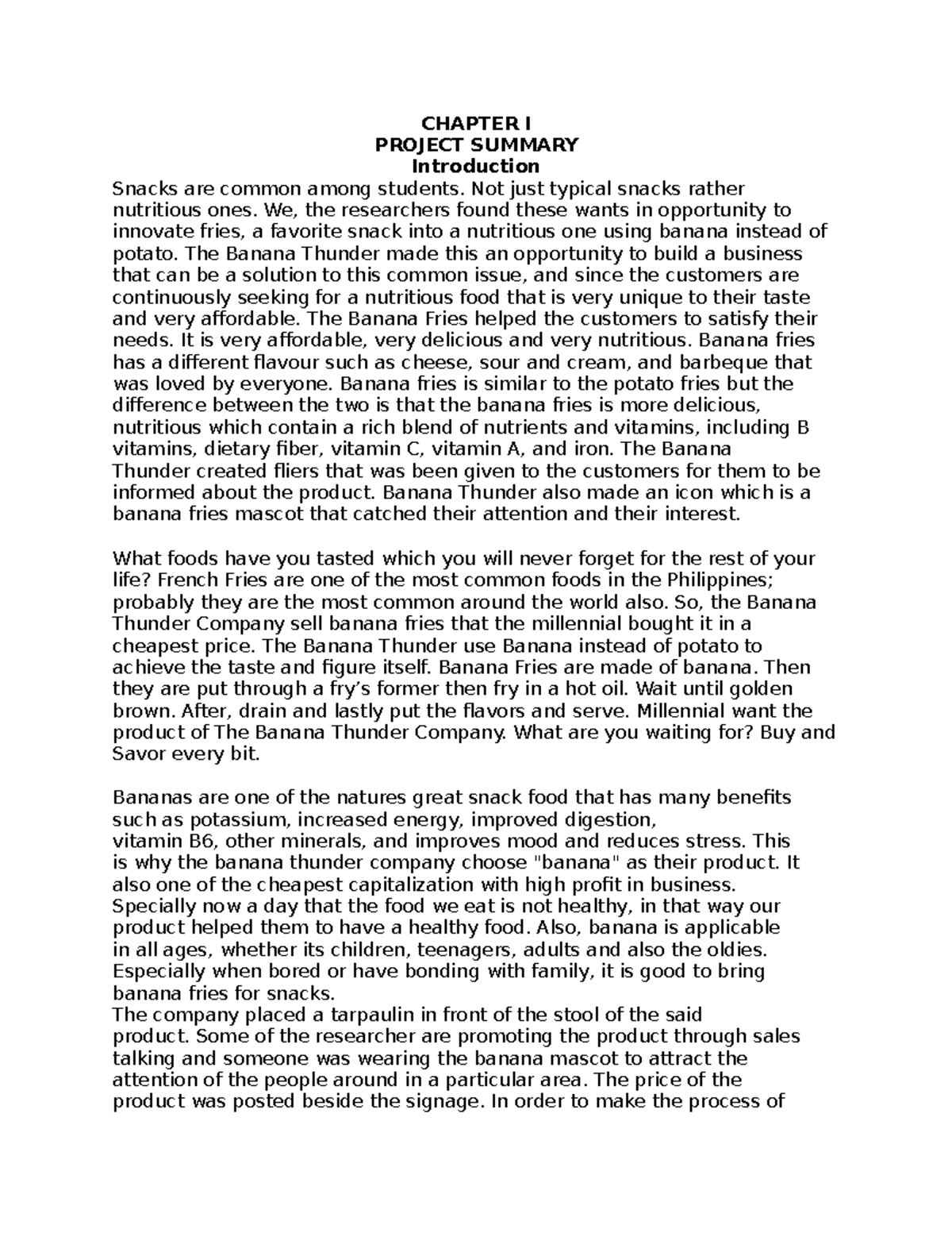 Chapter I Banana Business CHAPTER I PROJECT SUMMARY Introduction