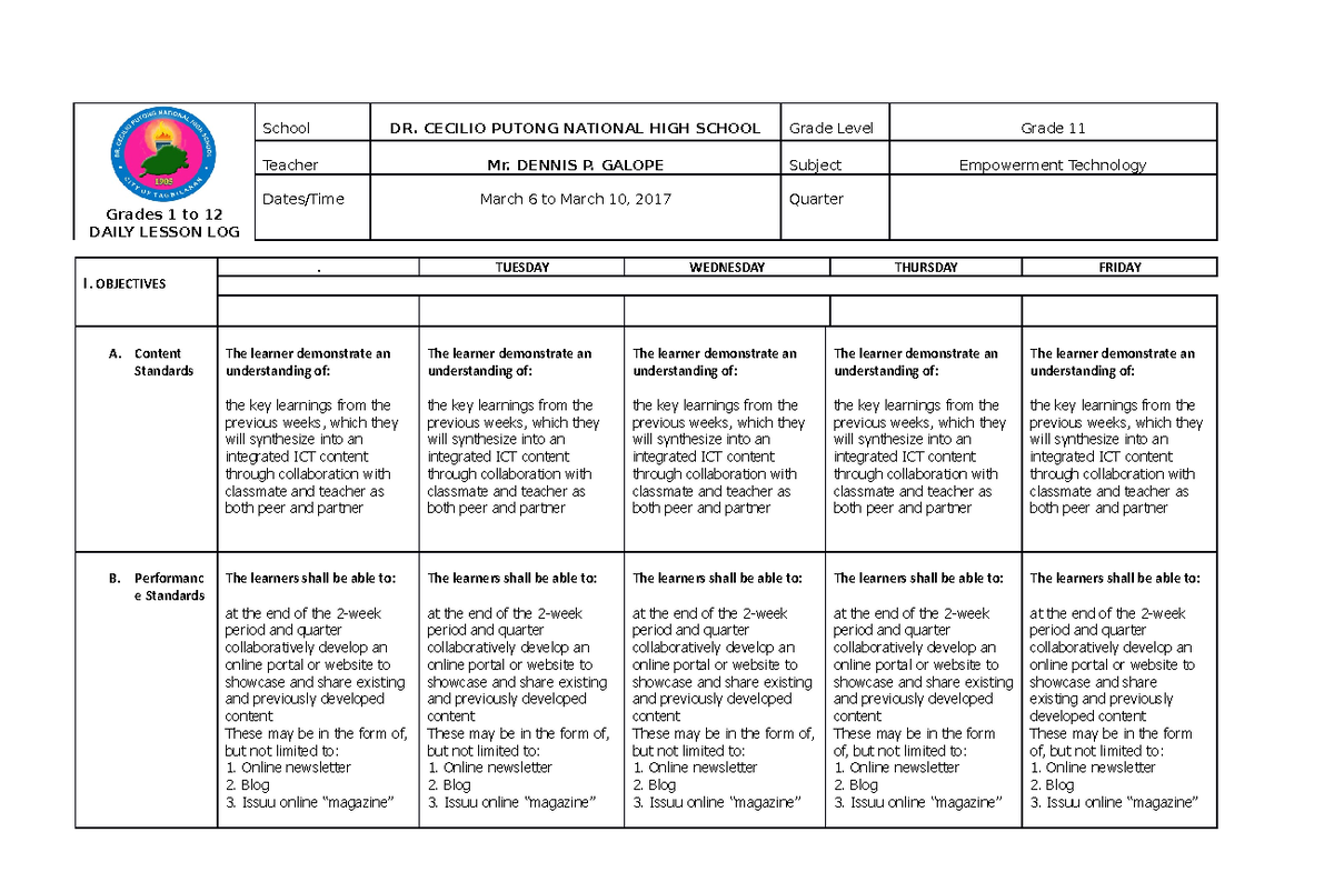 Dll for mar 6 - mar 10, 2017 - Grades 1 to 12 DAILY LESSON LOG School ...