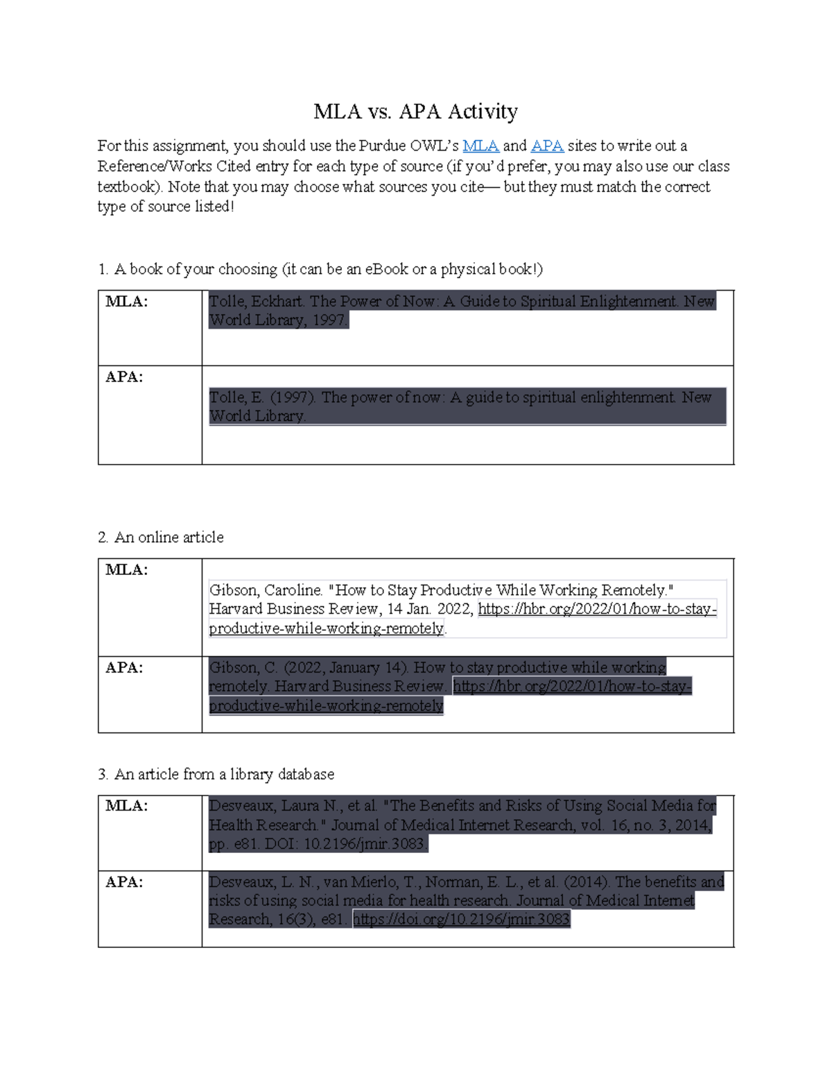 ENG-112 MLA vs. APA Activity - MLA vs. APA Activity For this assignment ...