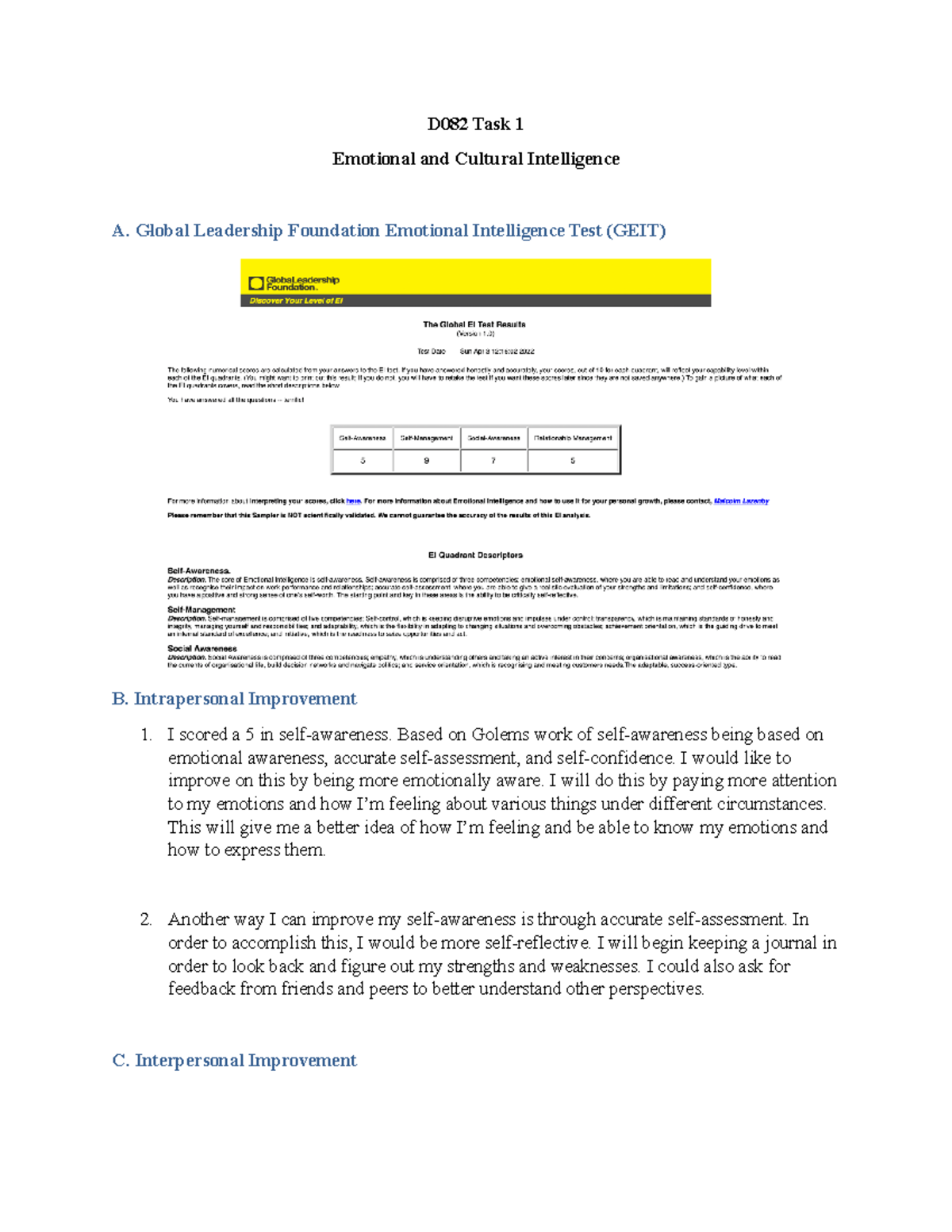 D082 Task 1 Emotional And Cultural Intelligence - D082 - WGU - Studocu