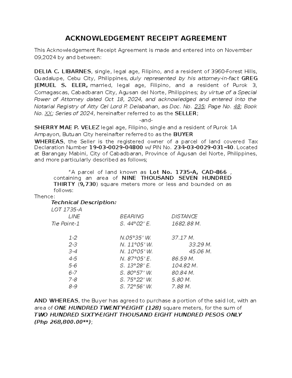 AR Acknowledgement Receipt Agreement client Mabini Property Velez ...