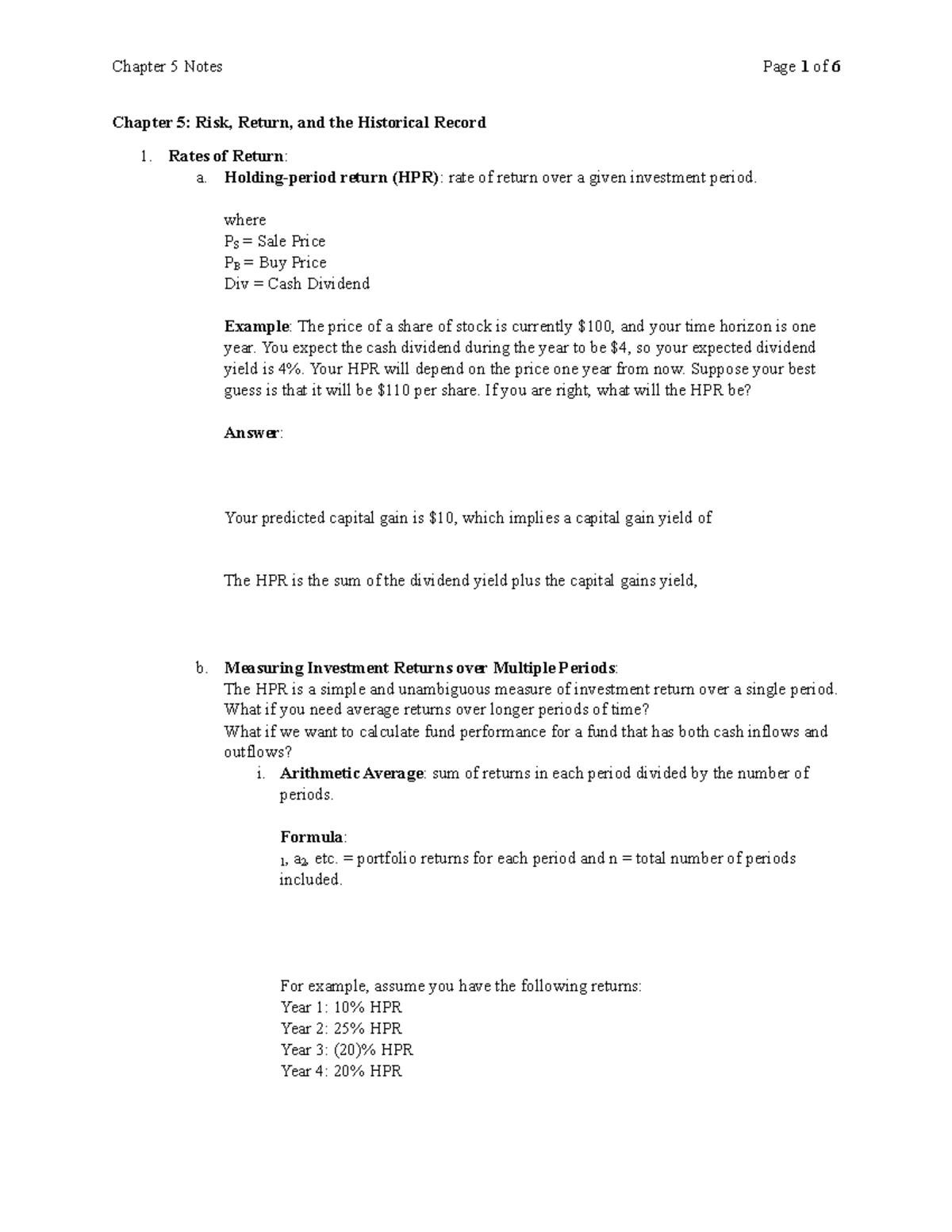 Ch 5 - notes - Chapter 5: Risk, Return, and the Historical Record Rates ...