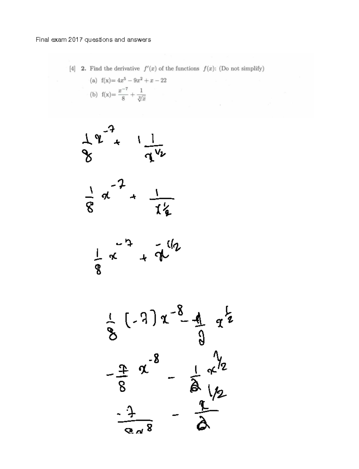 Exam questions and solution practice - Final exam 2017 questions and ...