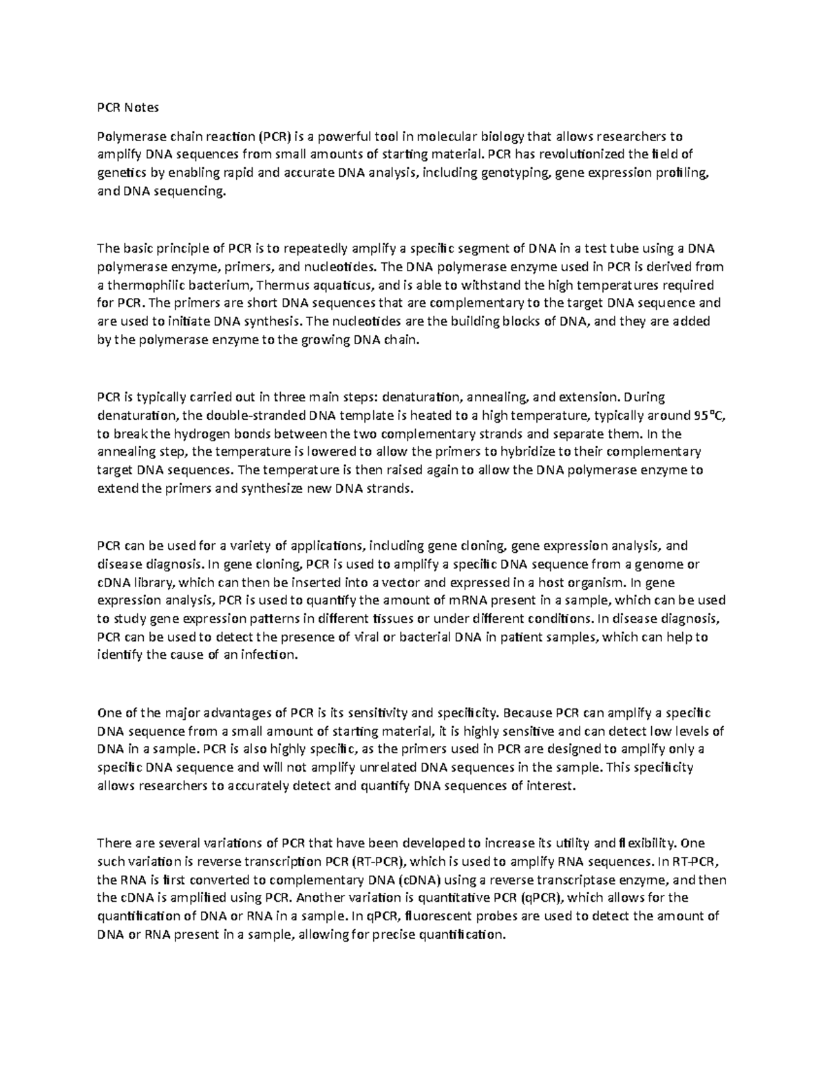 Pcr Notes - Pcr Notes Polymerase Chain Reaction (pcr) Is A Powerful 
