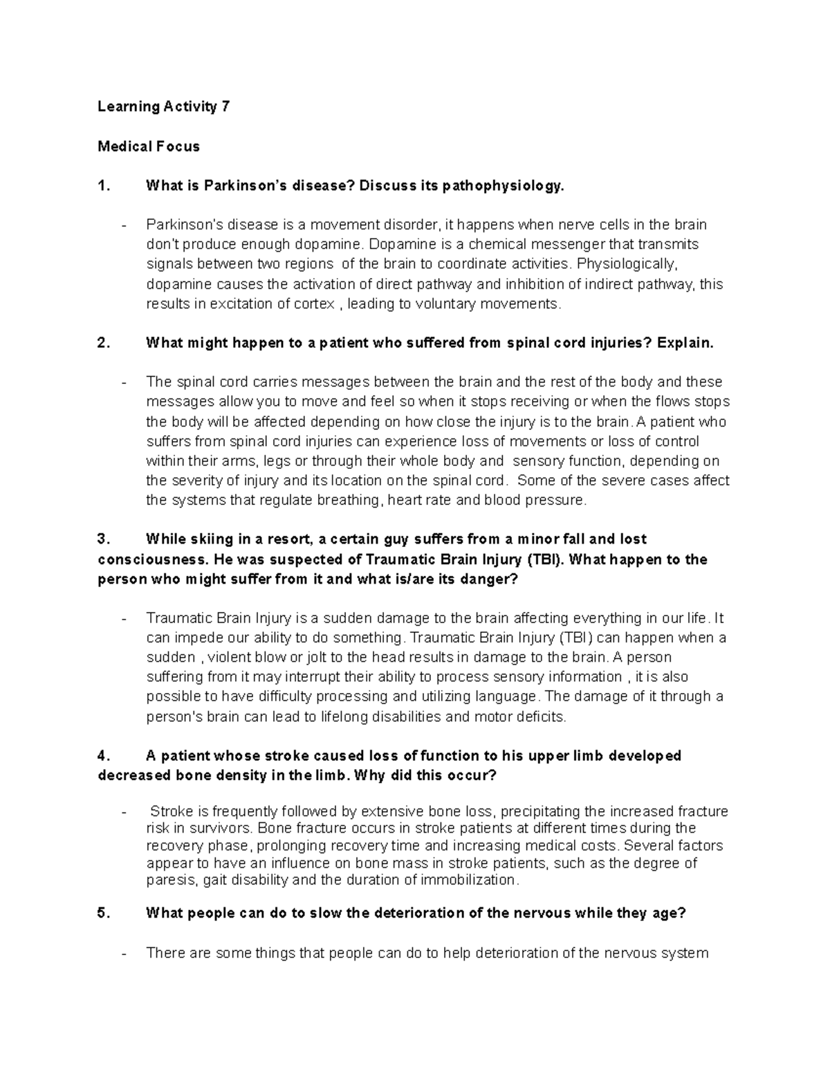 Nervous System - Learning Activity 7 Medical Focus 1. What is Parkinson ...