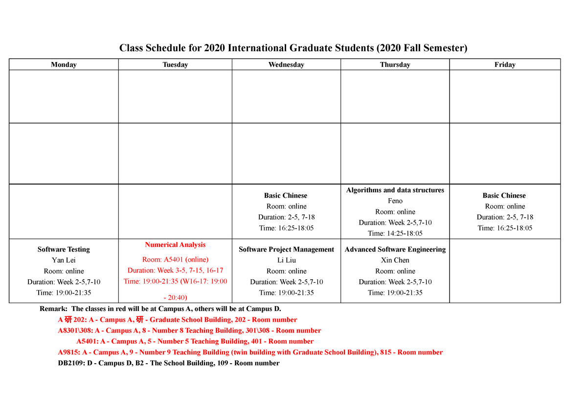 Class schedule for 2022 International Graduate Students(2022 Fall