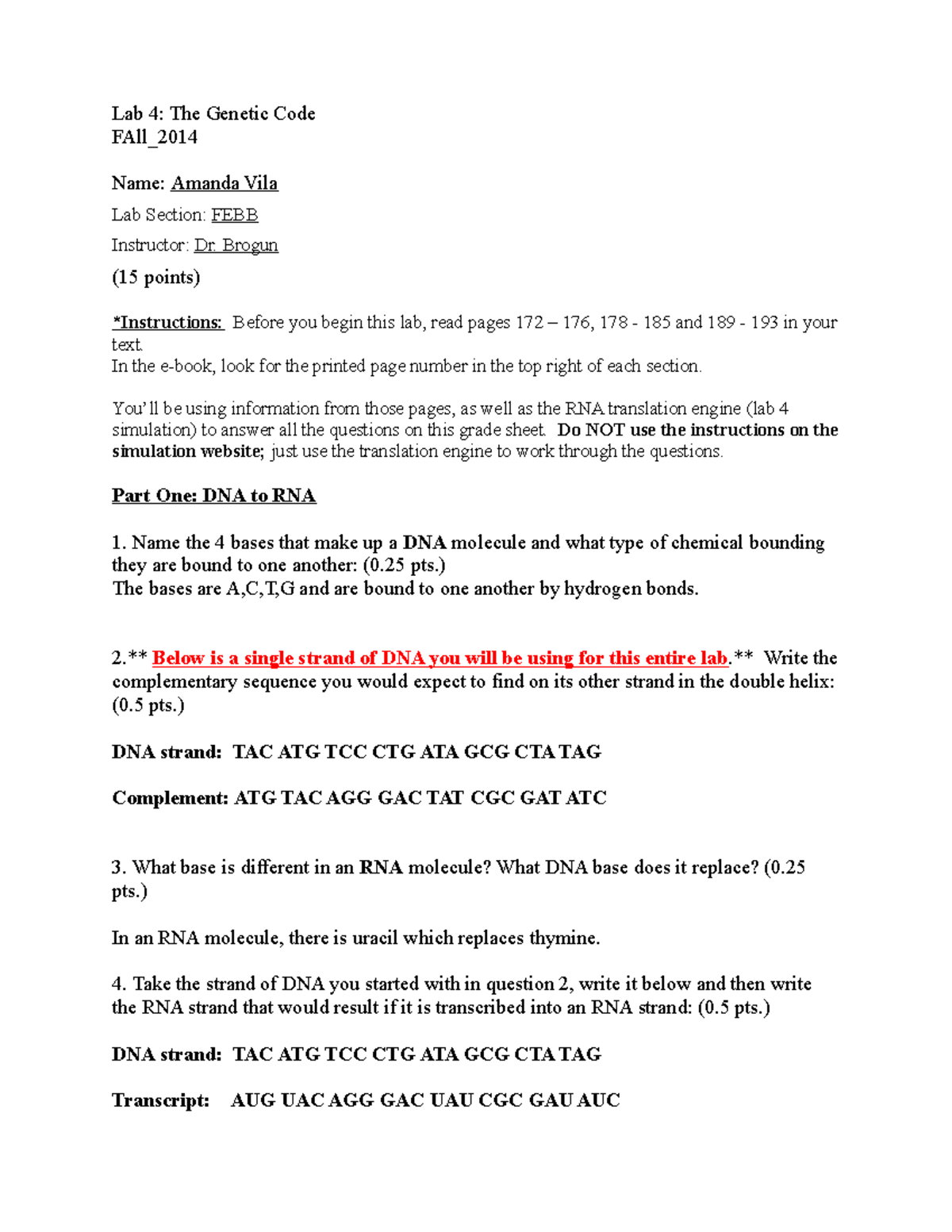 Lab 4 breaking the code Fall 2014 - Lab 4: The Genetic Code FAll_2014 ...