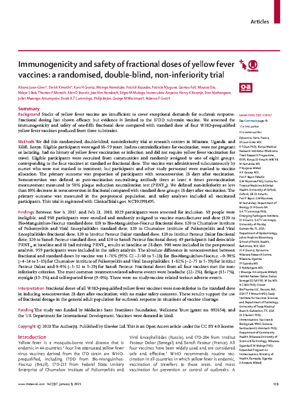 JC7 - Yellow Fever Vaccine RCT - Immunogenicity and safety of ...