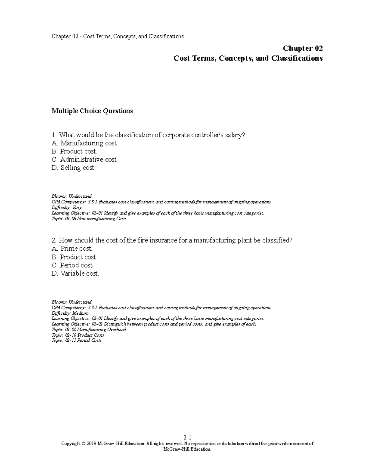 Accounting Chapter 2 Test Question - Chapter 02 Cost Terms, Concepts ...