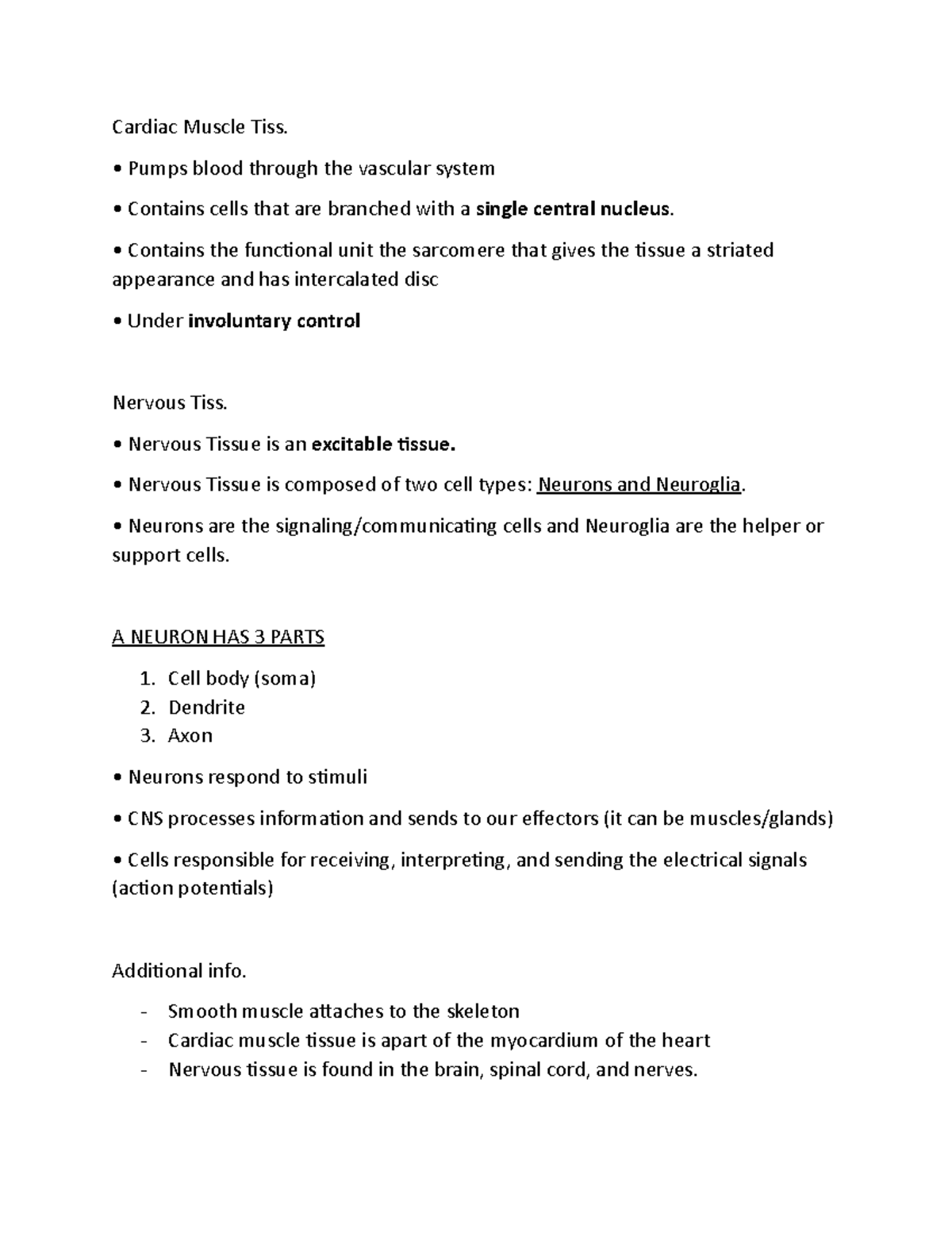 Tissue Notes - Made in class - Cardiac Muscle Tiss. Pumps blood through ...