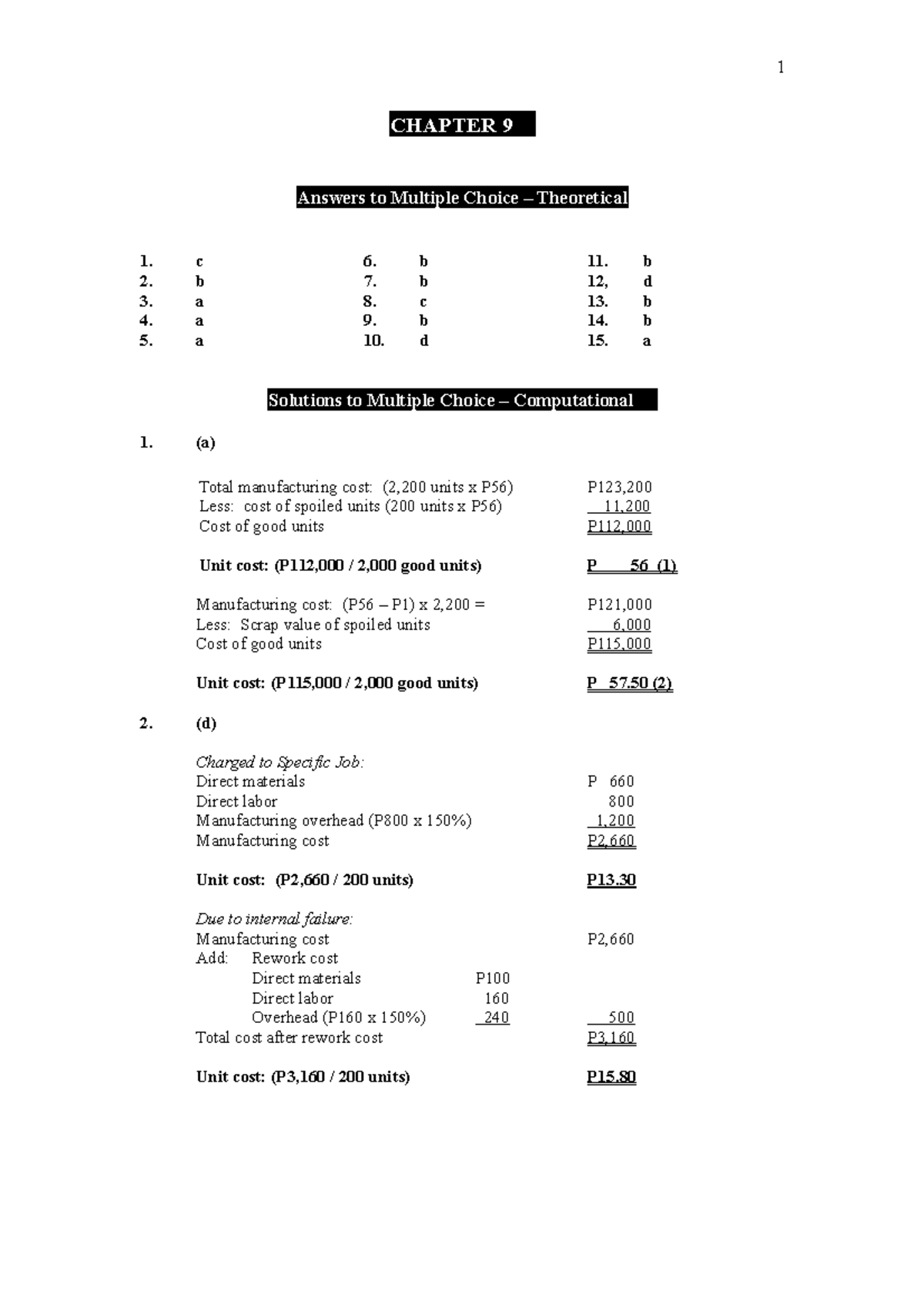 Cost Accounting Chapter 9 CHAPTER 9 Answers to Multiple Choice