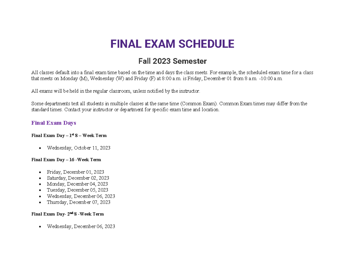 Fall 2023 Exam Times FINAL EXAM SCHEDULE Fall 2023 Semester All 