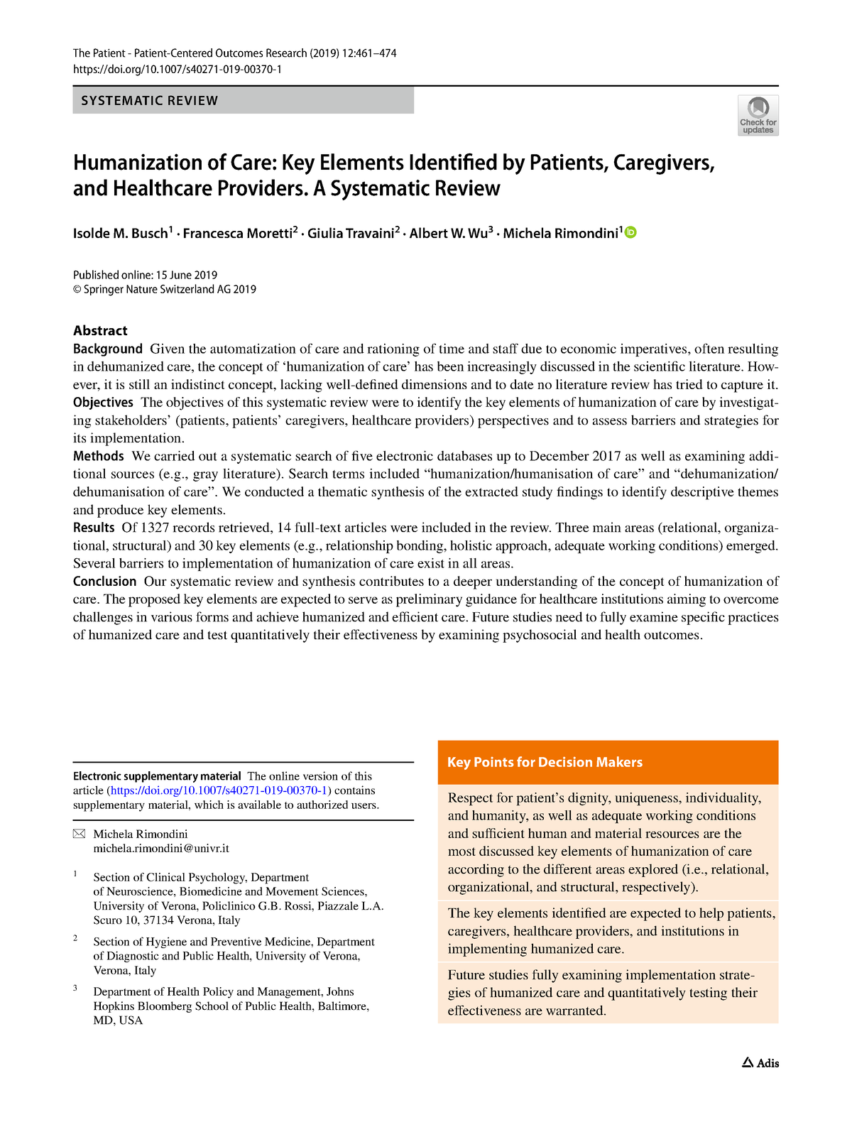 Humanization OF CARE KEY Elements Identifed BY Patients, Caregivers ...