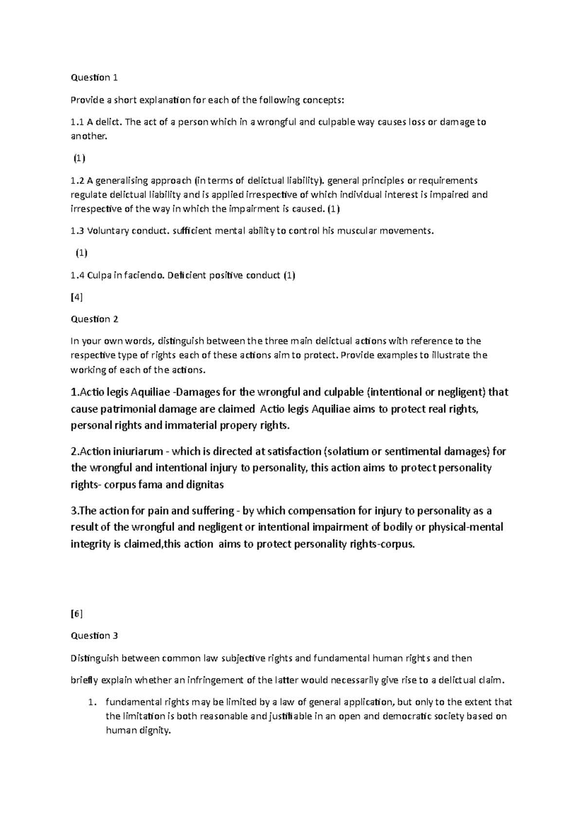 delict Test answers - Question 1 Provide a short explanation for each ...