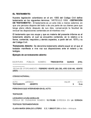 Trabajo Sucesiones - Testamento Abierto - Modelo - EL TESTAMENTO: Nuestra  legislación colombiana en - Studocu