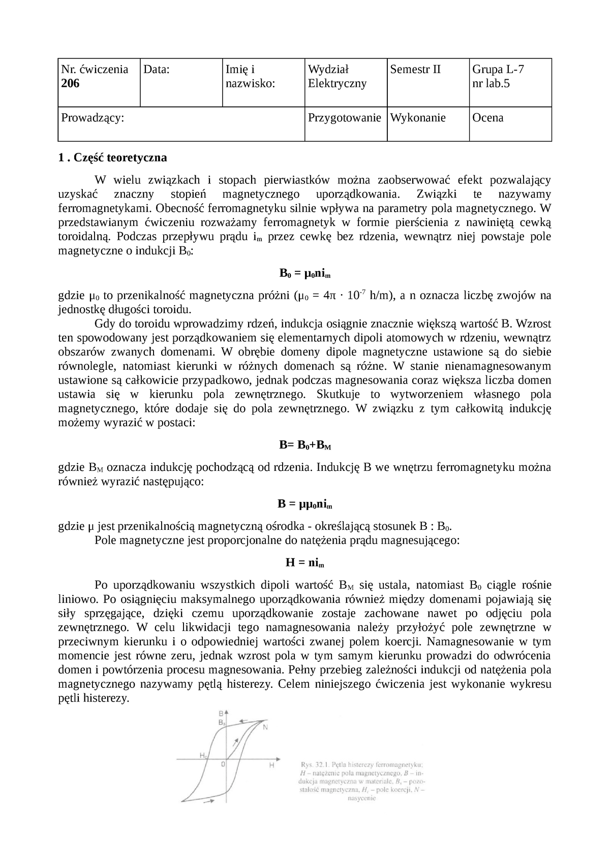 Sprawozdanie 206 - Nr. ćwiczenia 206 Data: Imię I Nazwisko: Wydział ...