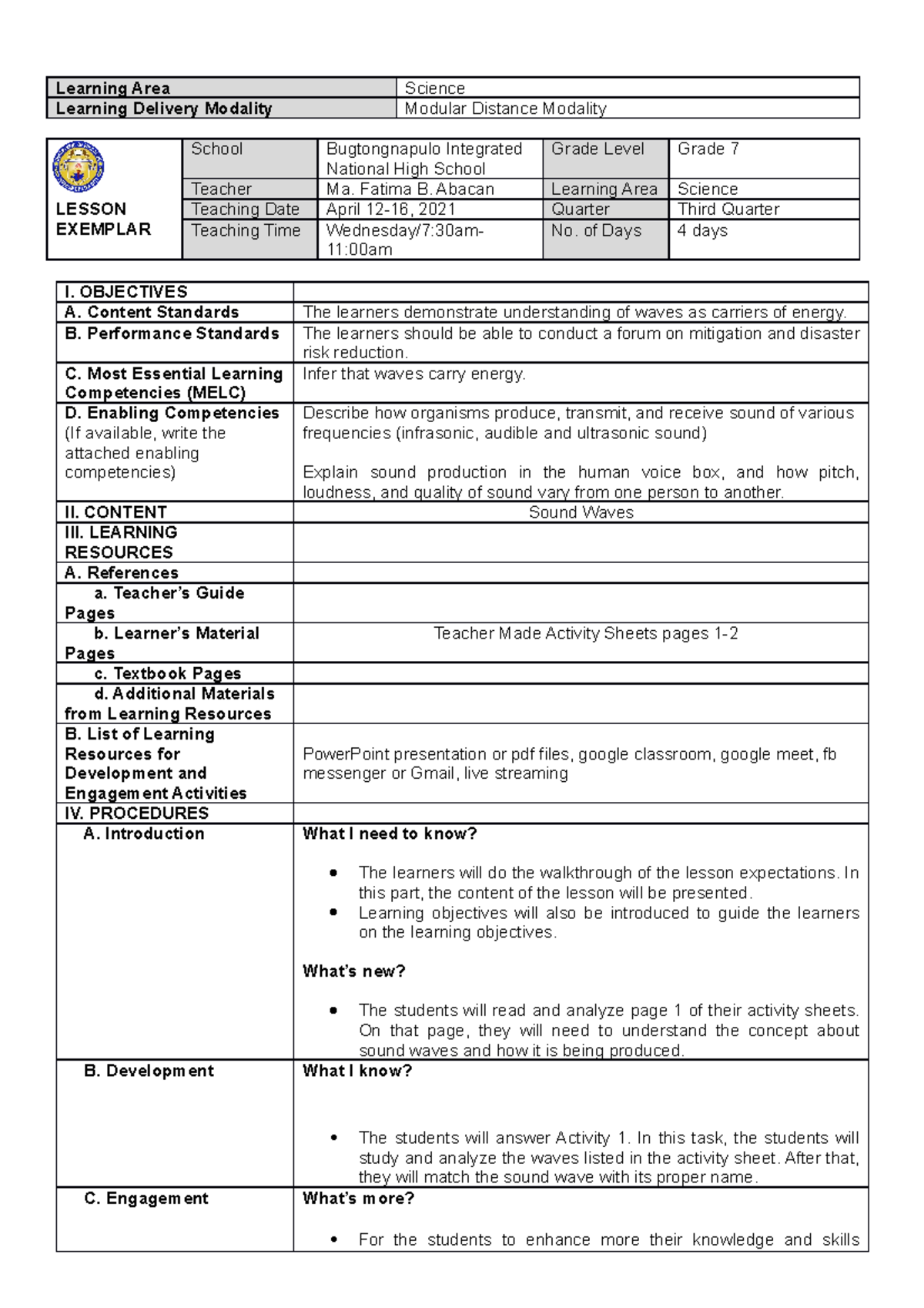 Science le thirdquarter 4thweek final - Learning Area Science Learning ...