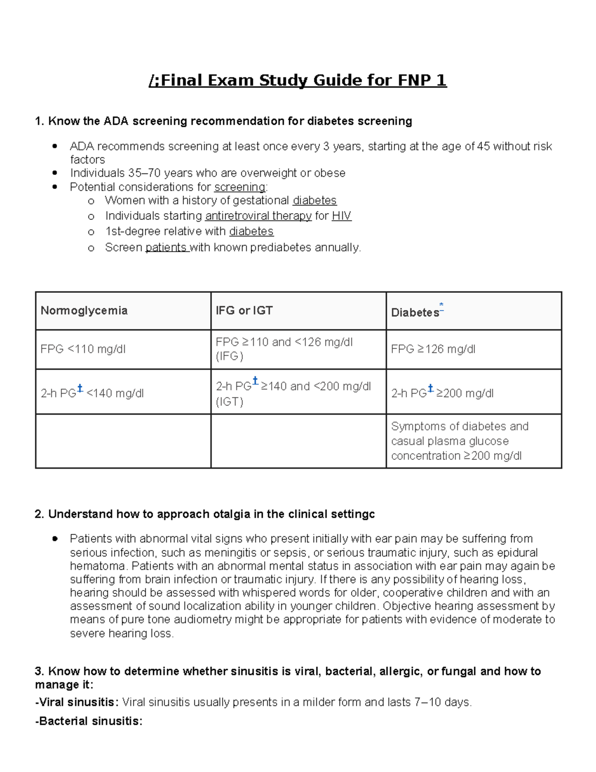 Final Exam Study Guide - Know the ADA screening recommendation for ...