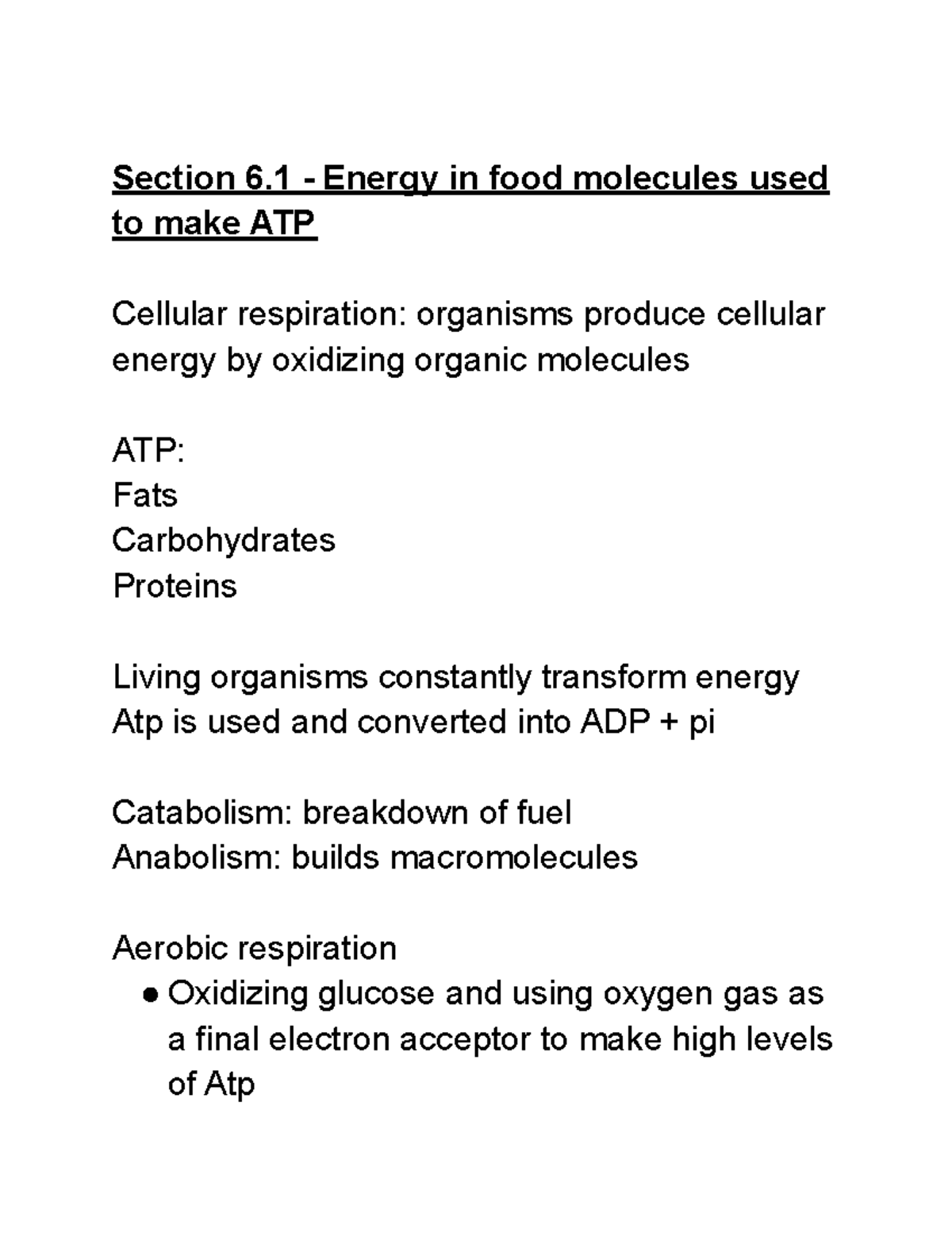 Chapter 6 Section 1 and 2 Section 6 Energy in food molecules used to make ATP Cellular Studocu