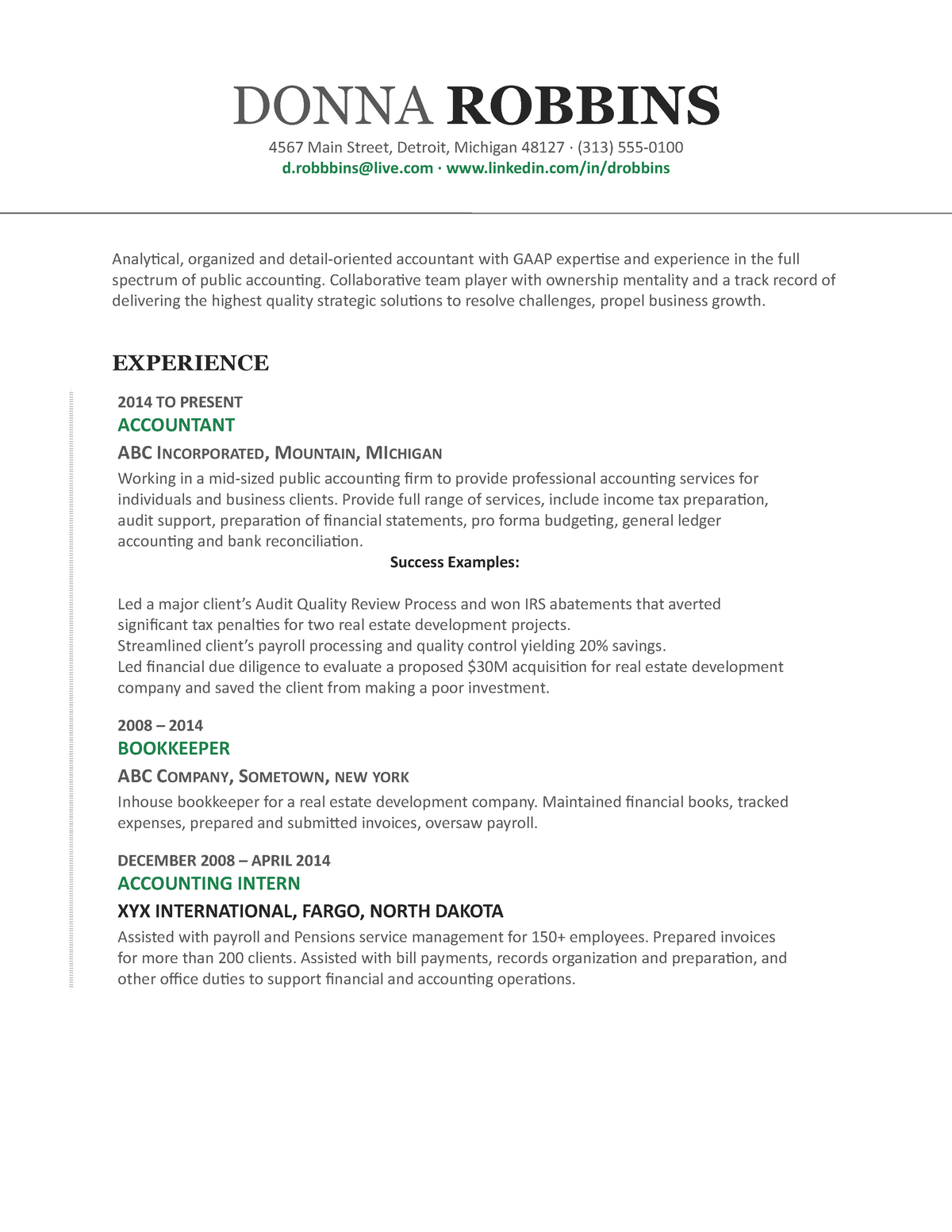 Accounting resume - Sample - DONNA ROBBINS 4567 Main Street, Detroit ...