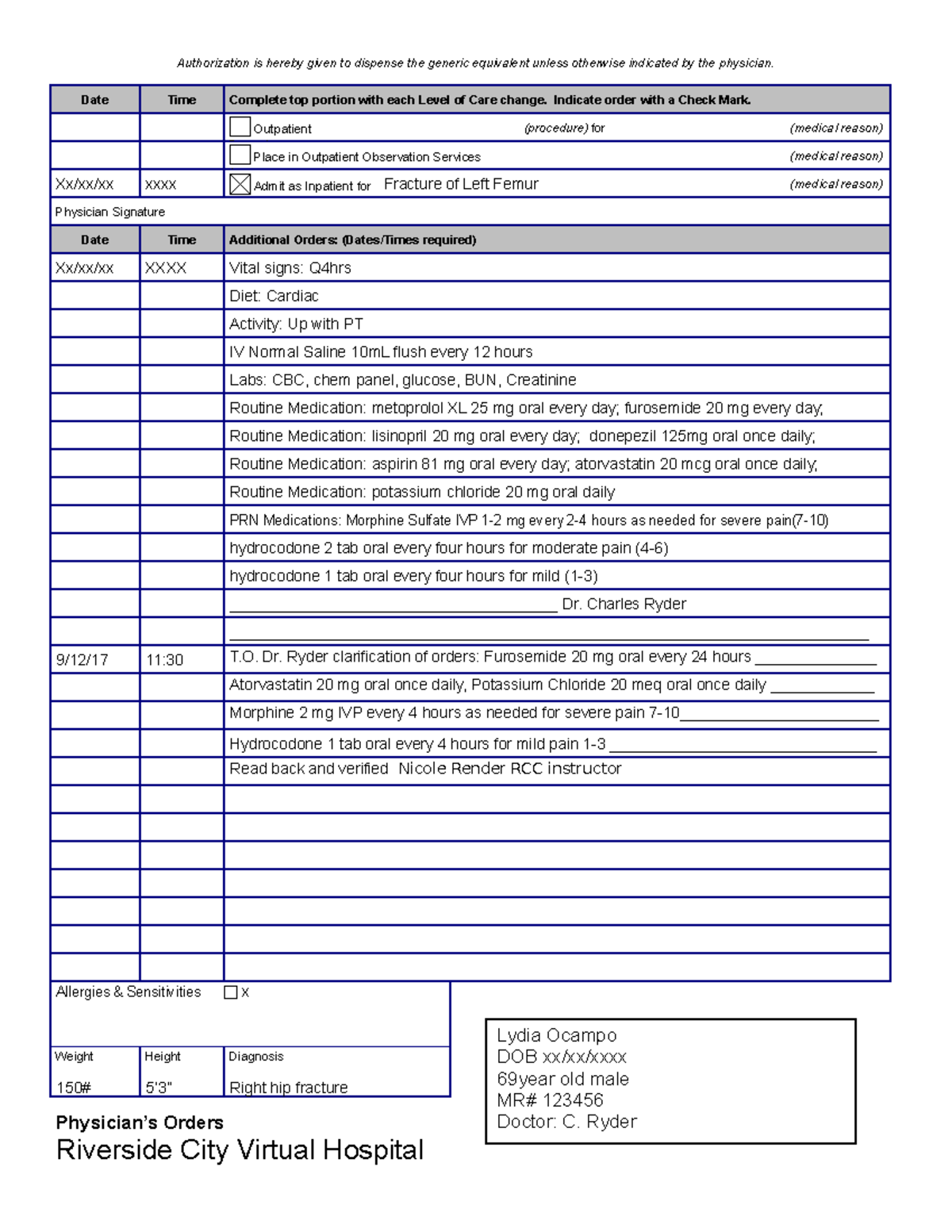 Ocampo Physician Order - Authorization is hereby given to dispense the ...